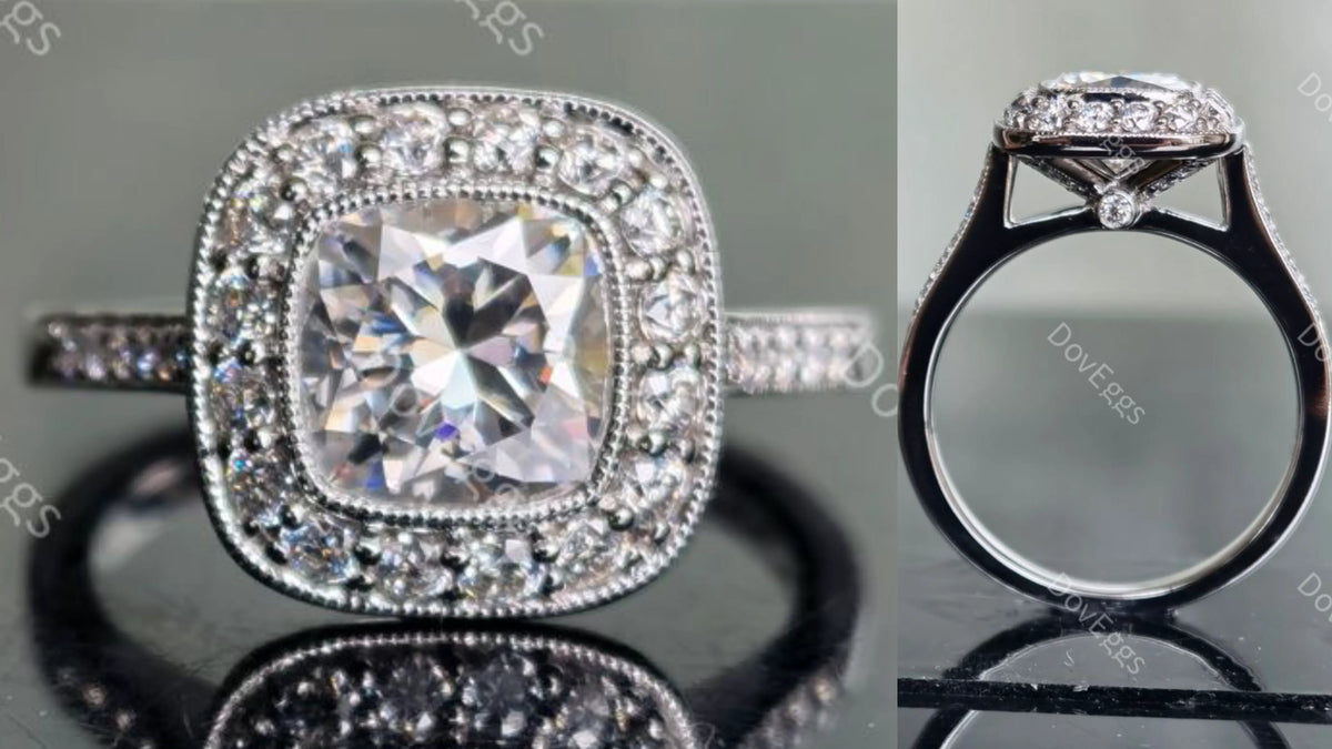 DovEggs cushion halo pave moissanite engagement ring