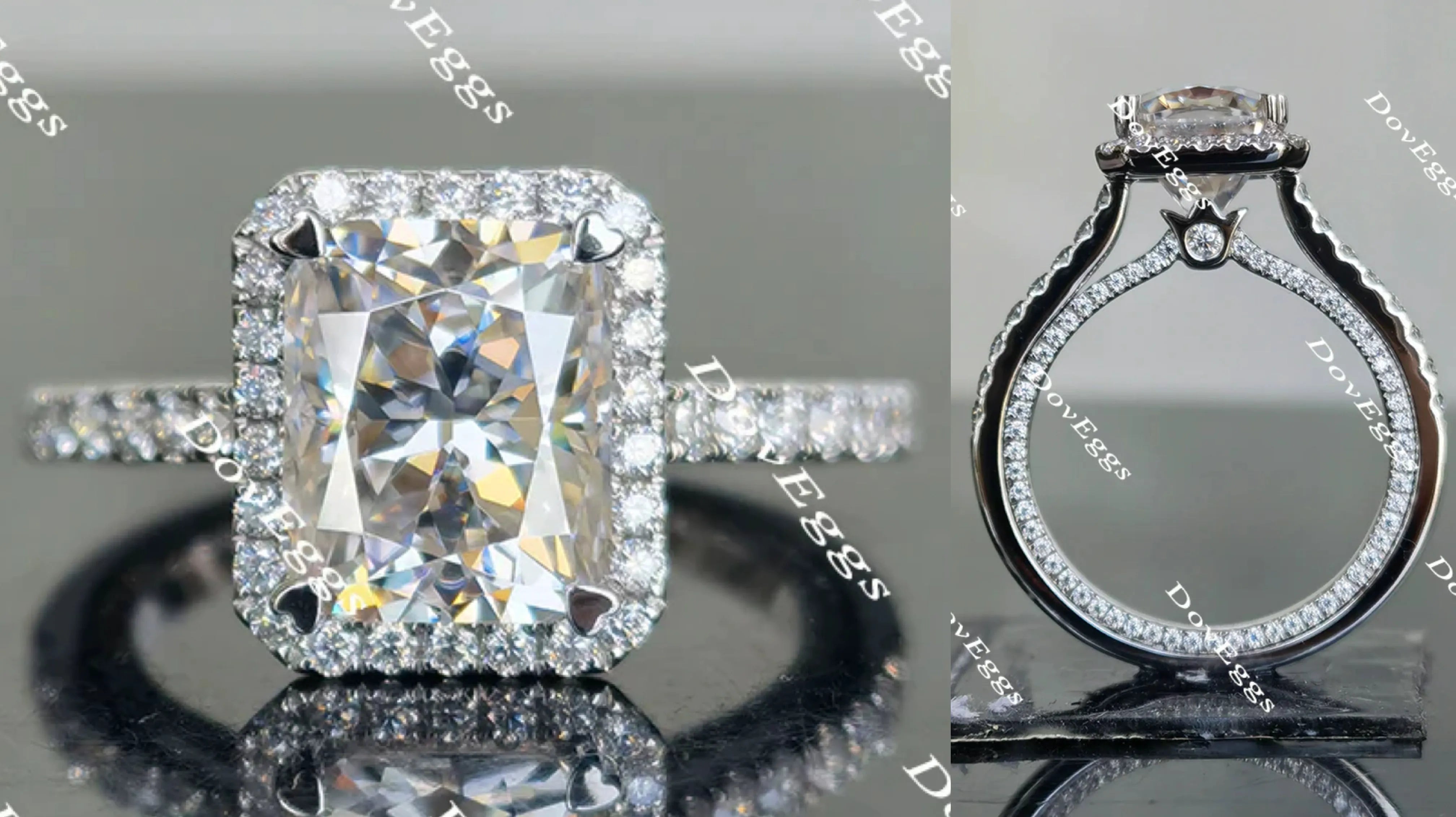Doveggs pave halo radiant moissanite engagement ring