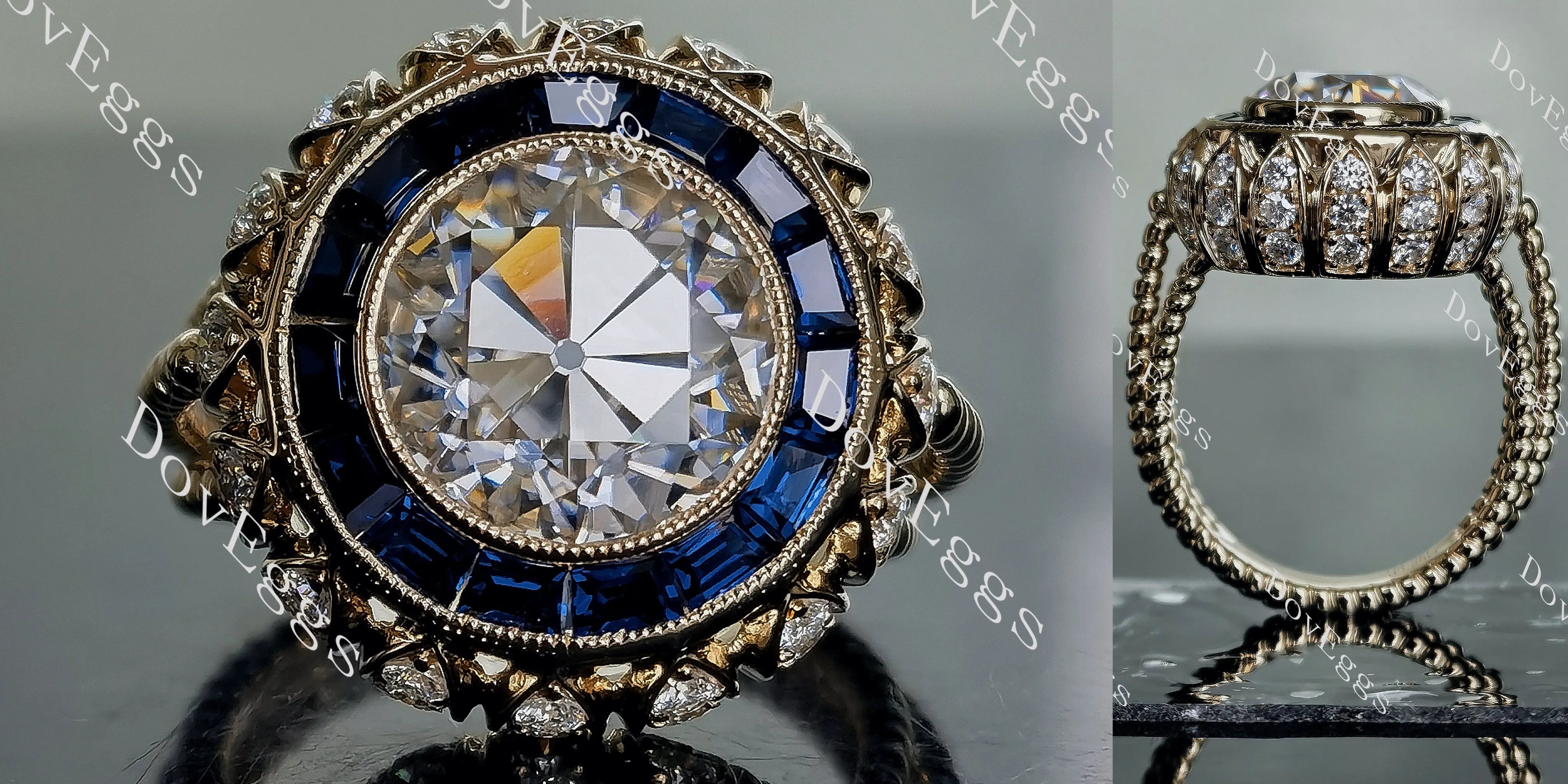 Doveggs round split shank bezel halo moissanite engagement ring