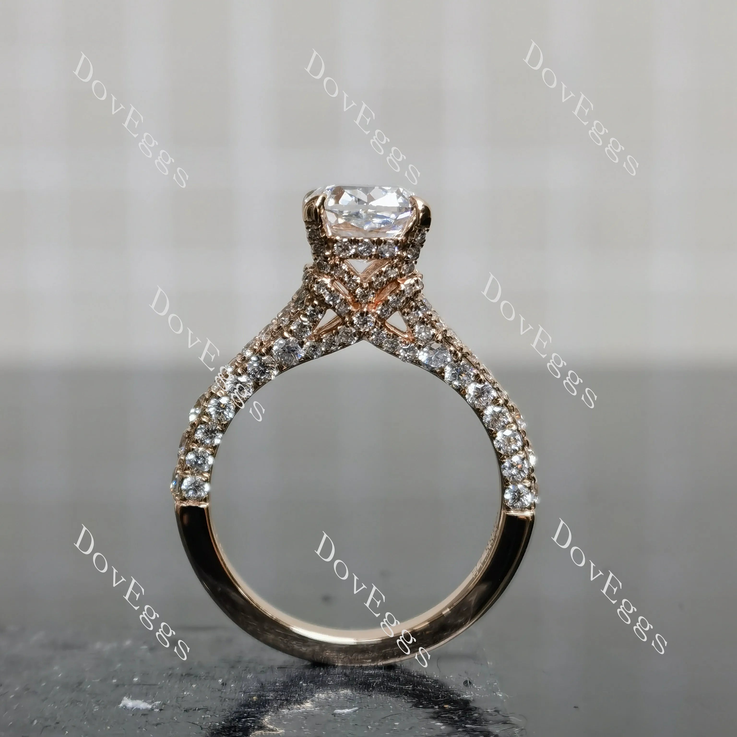 Emily's Hope-Cushion pave split shanks half eternity moissanite engagement ring|DovEggs
