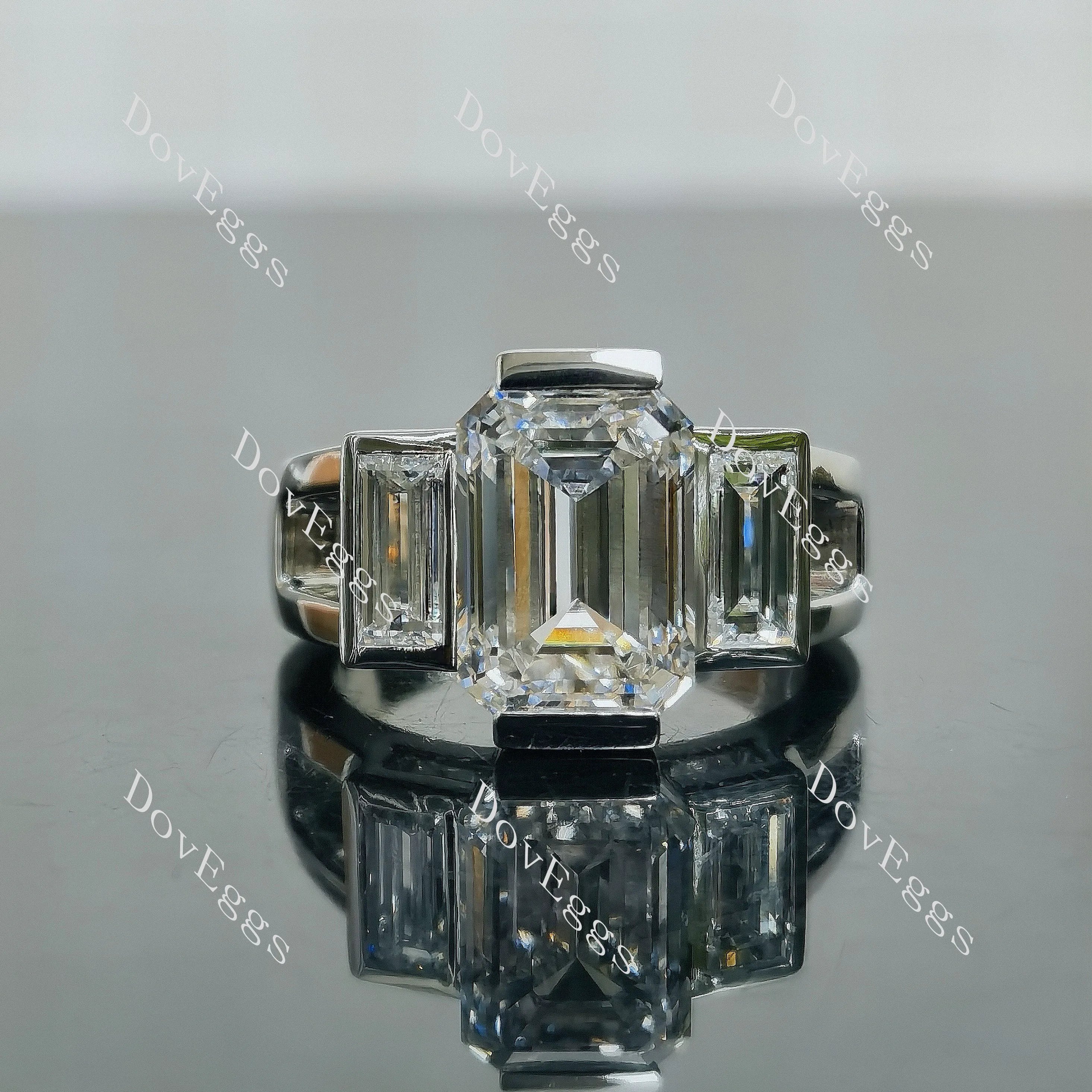 Doveggs Emerald Three Stones Split Shanks Lab Grown Diamond Engagement Ring