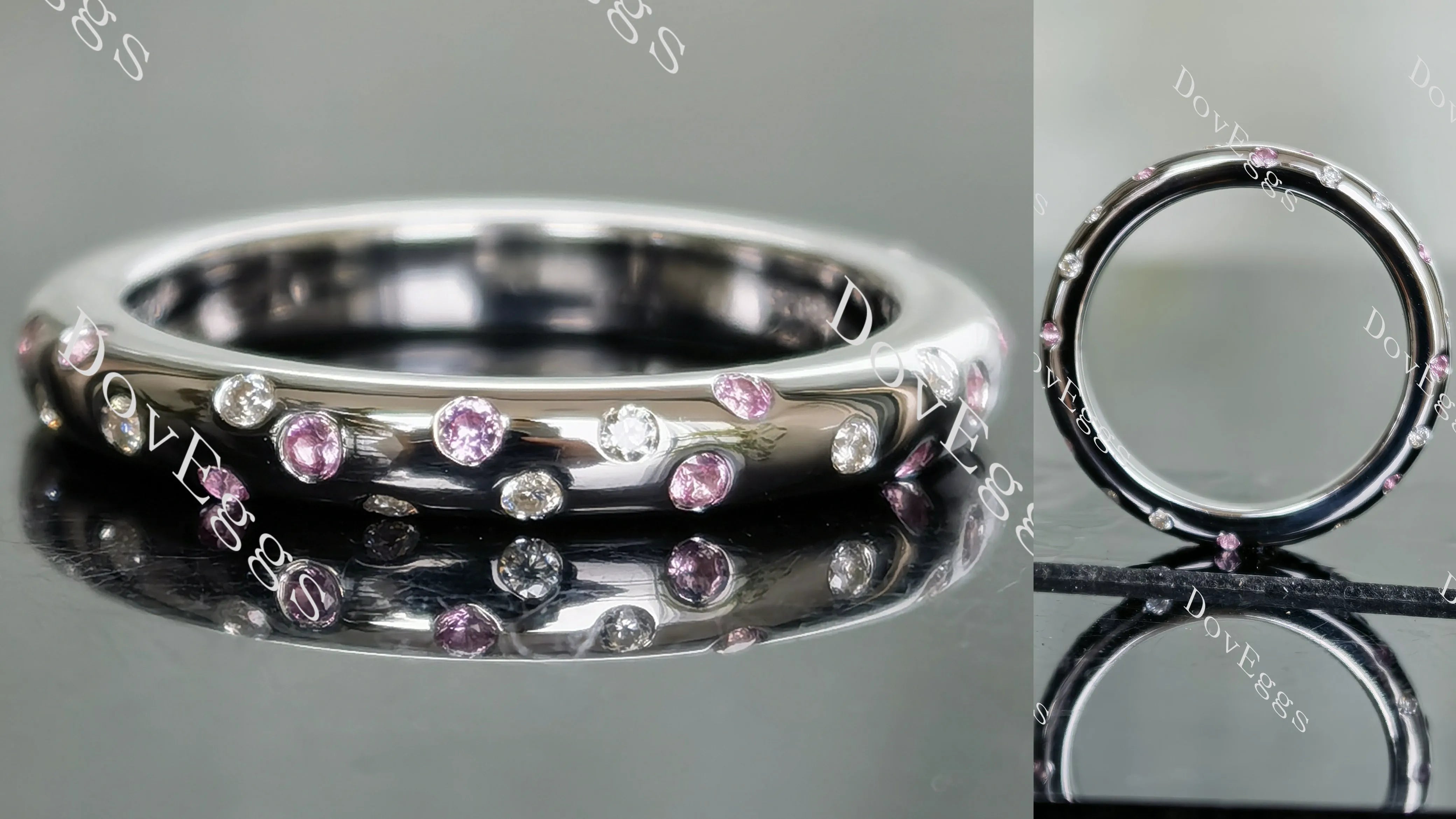 Doveggs round moissanite/lab grown diamond & colored gem wedding band-3.0mm band width