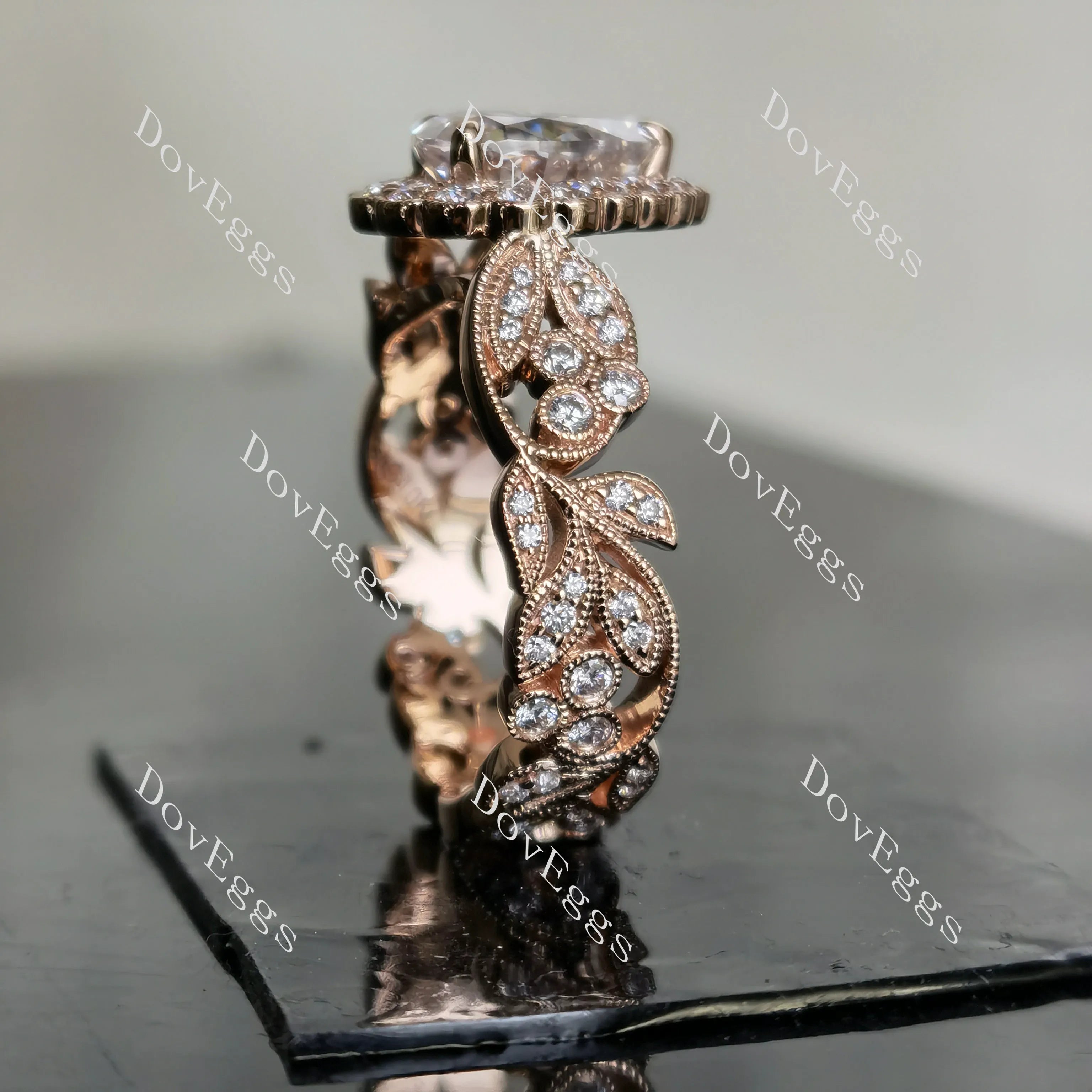 DovEggs pear full eternity halo moissanite engagement ring