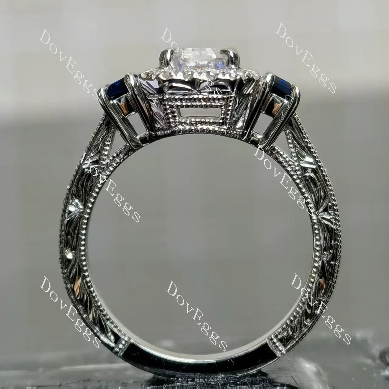 Doveggs halo pave side stones vintag engagement ring semi-mount only(Exclusively to DovEggs Stones)