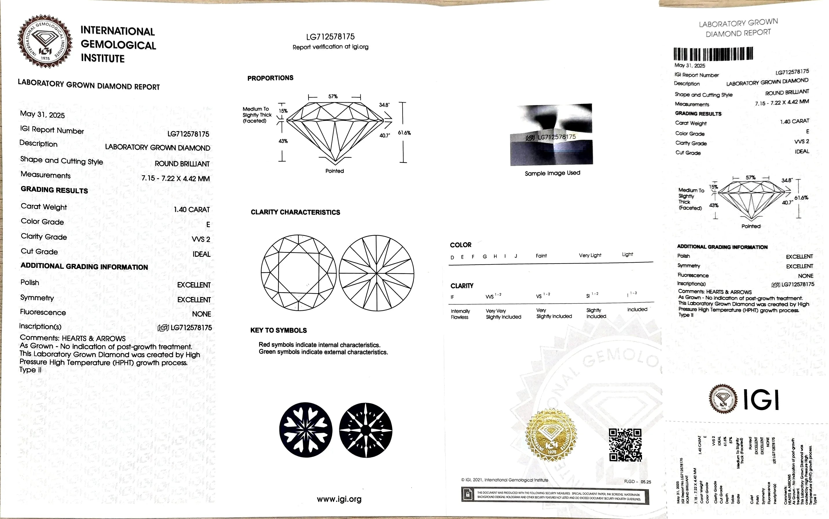 1.40ct Round Brilliant Cut Lab Diamond – E Color VVS2 | Doveggs Certified