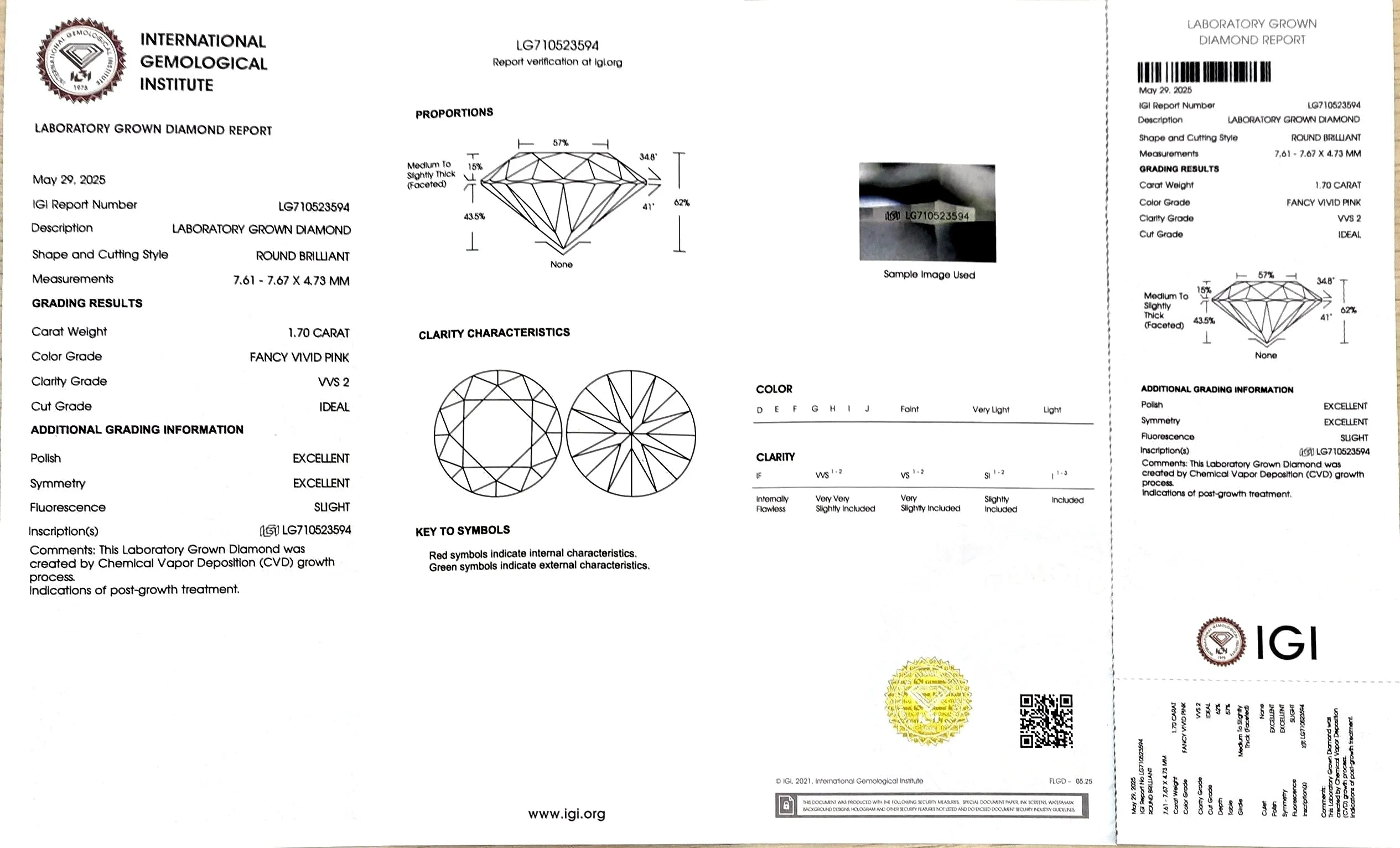 1.70ct Round Brilliant Cut Lab Diamond - Fancy Vidid Pink Color VVS2| Doveggs Certified