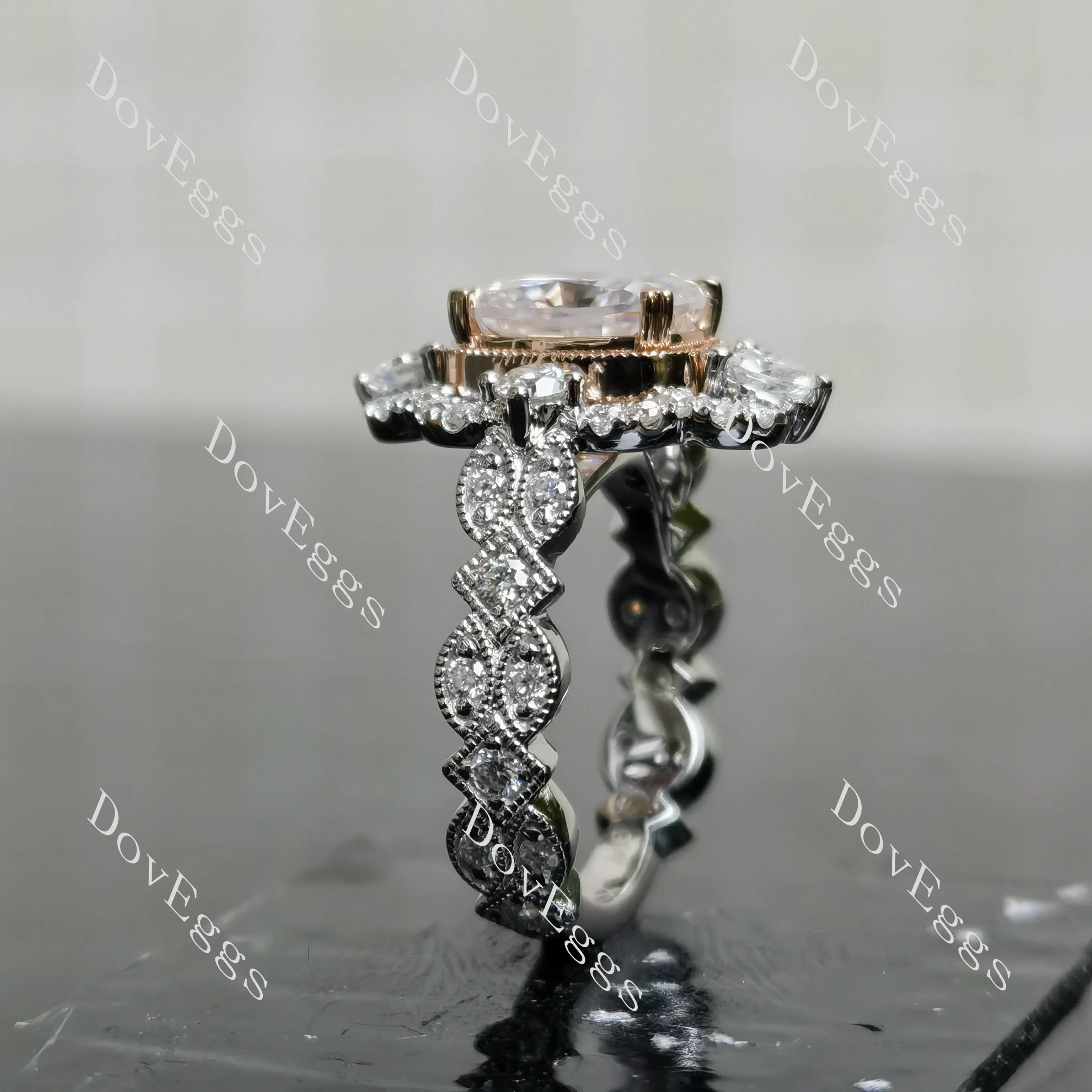 Vanessa cushion floral bezel moissanite engagement ring