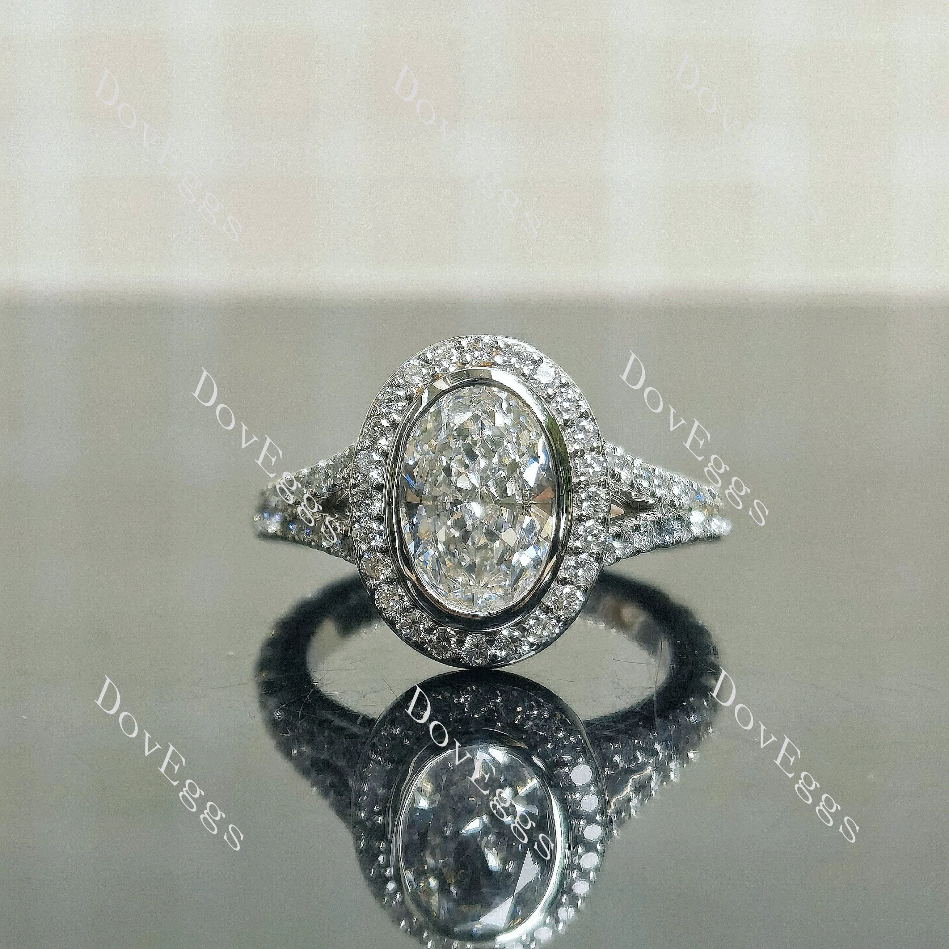 Doveggs Oval Bezel Halo Split Shanks 3/4 Eternity Lab Grown Diamond Engagement Ring