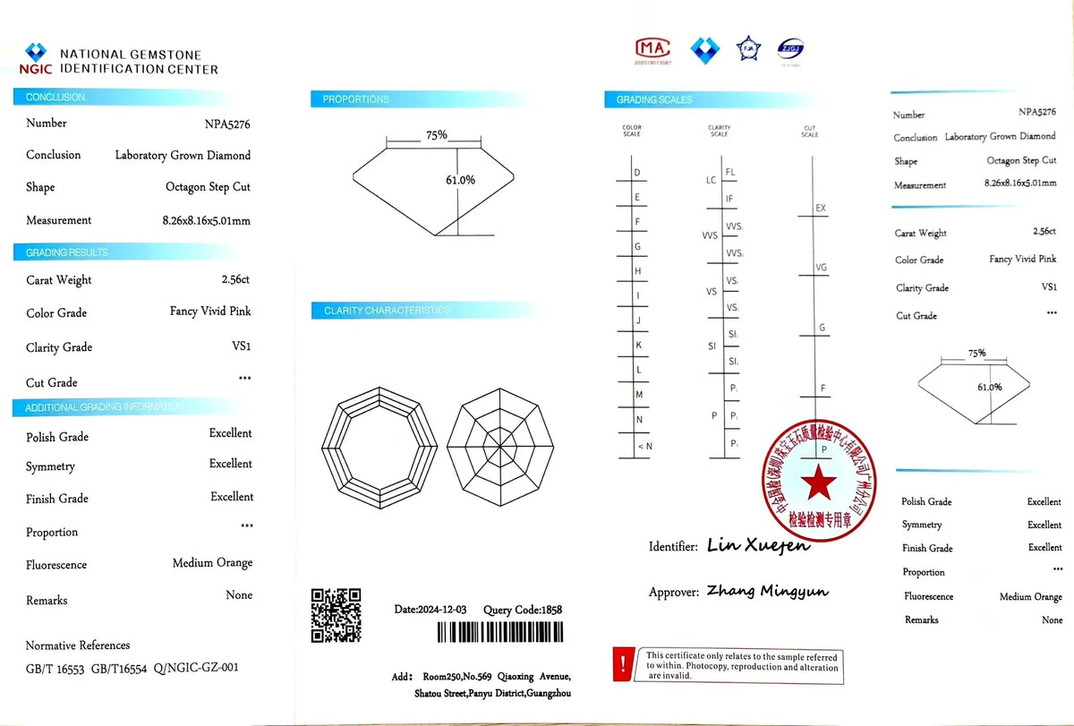 2.56ct Modified Octagon Fancy Vivid Pink Lab Diamond - VS1 Clarity | Doveggs Certified