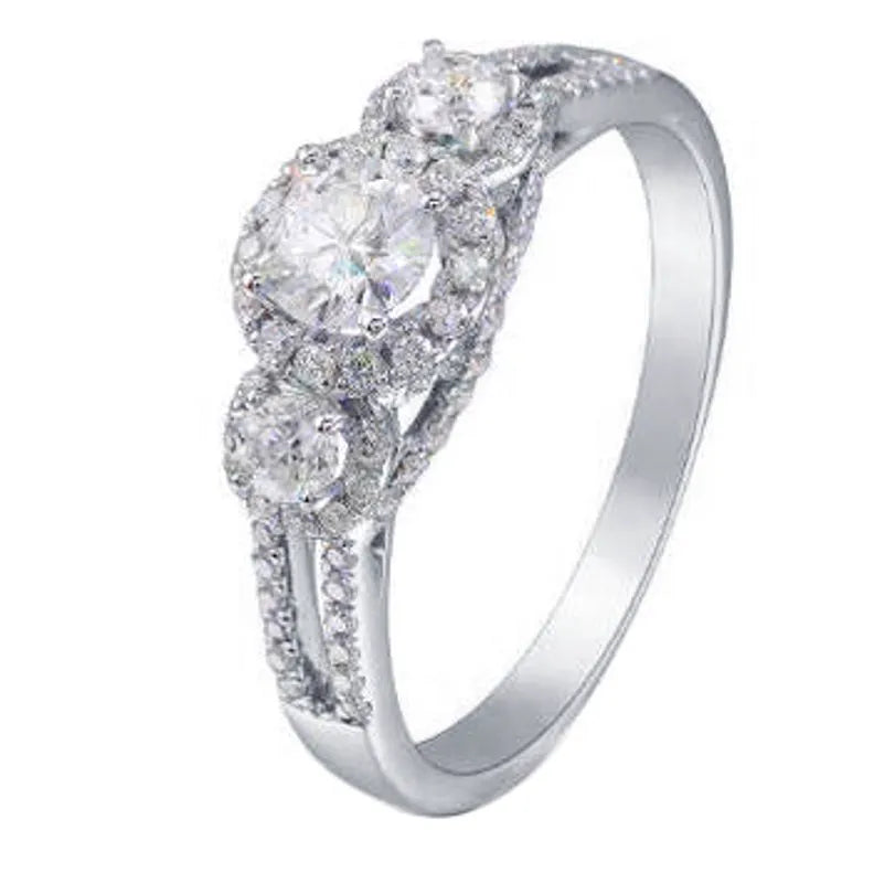 Doveggs round three-stone halo moissanite engagement ring