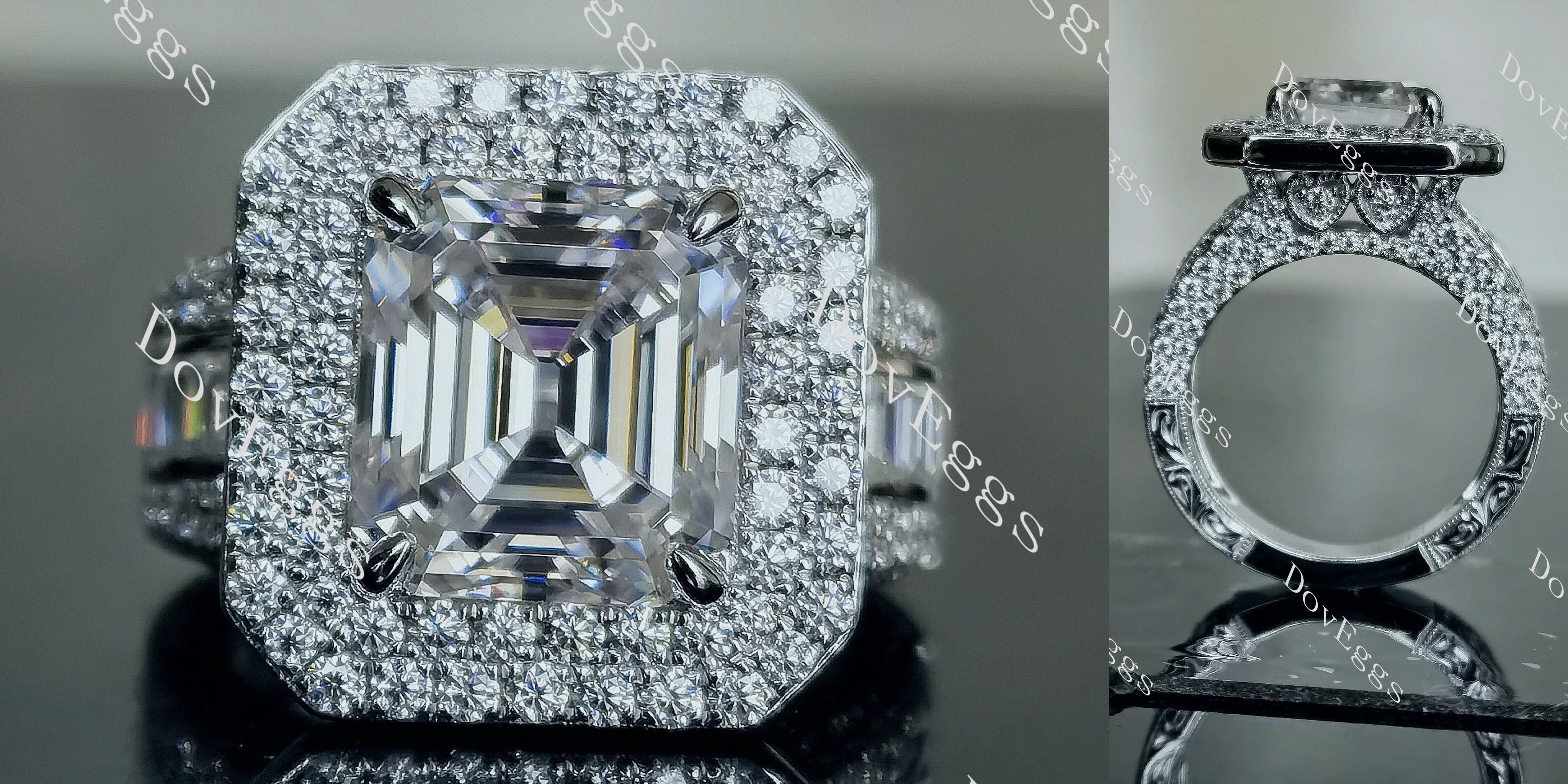 Doveggs Elizabeth Taylor Krupp cut double halo pave channel set moissanite engagement ring