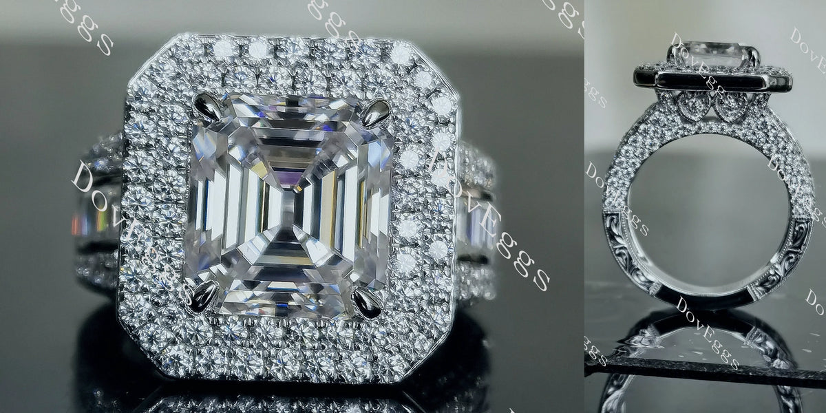 Doveggs Elizabeth Taylor Krupp cut double halo pave channel set moissanite engagement ring