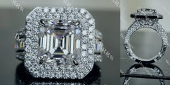 Doveggs Elizabeth Taylor Krupp cut double halo pave channel set moissanite engagement ring