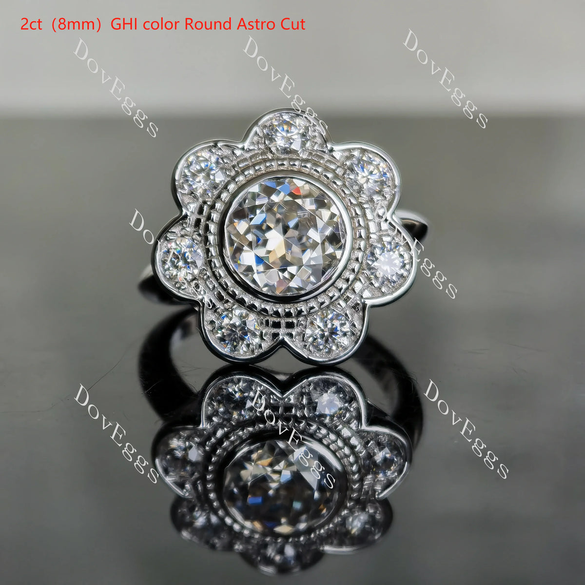 Doveggs round flower shape moissanite engagement ring