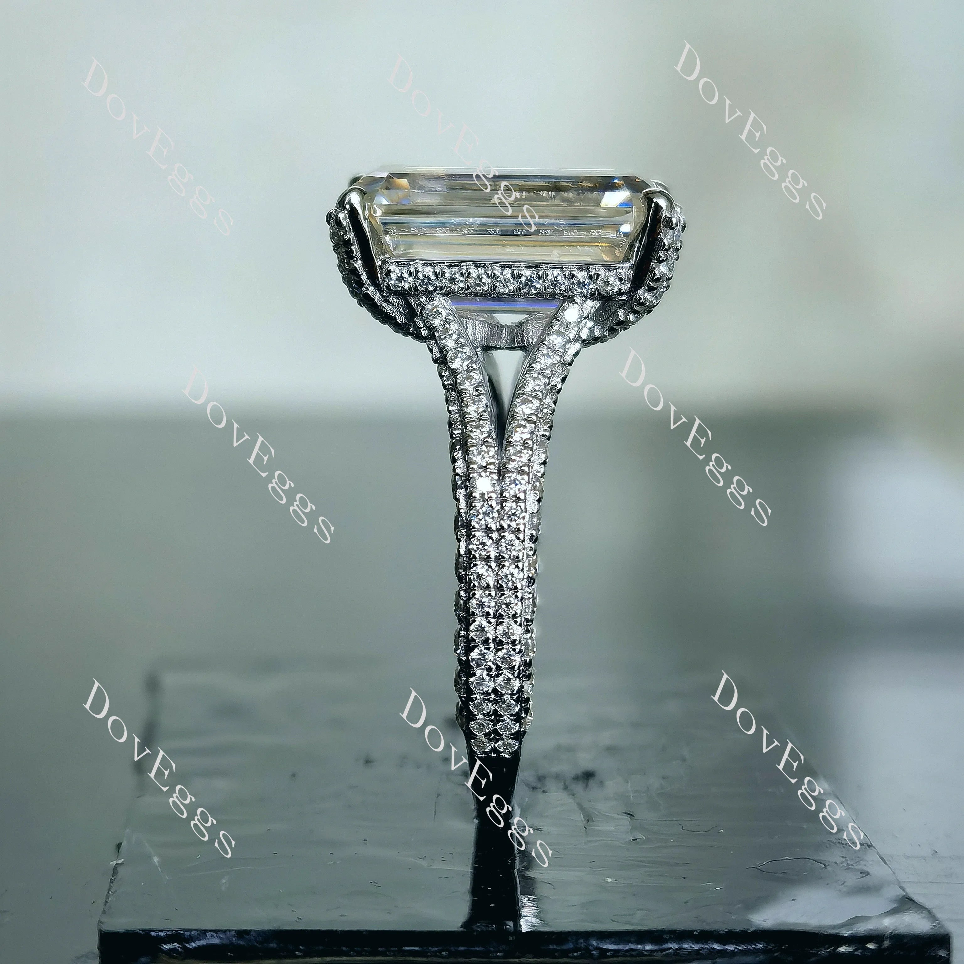Doveggs emerald half eternity pave split shank moissanite ring