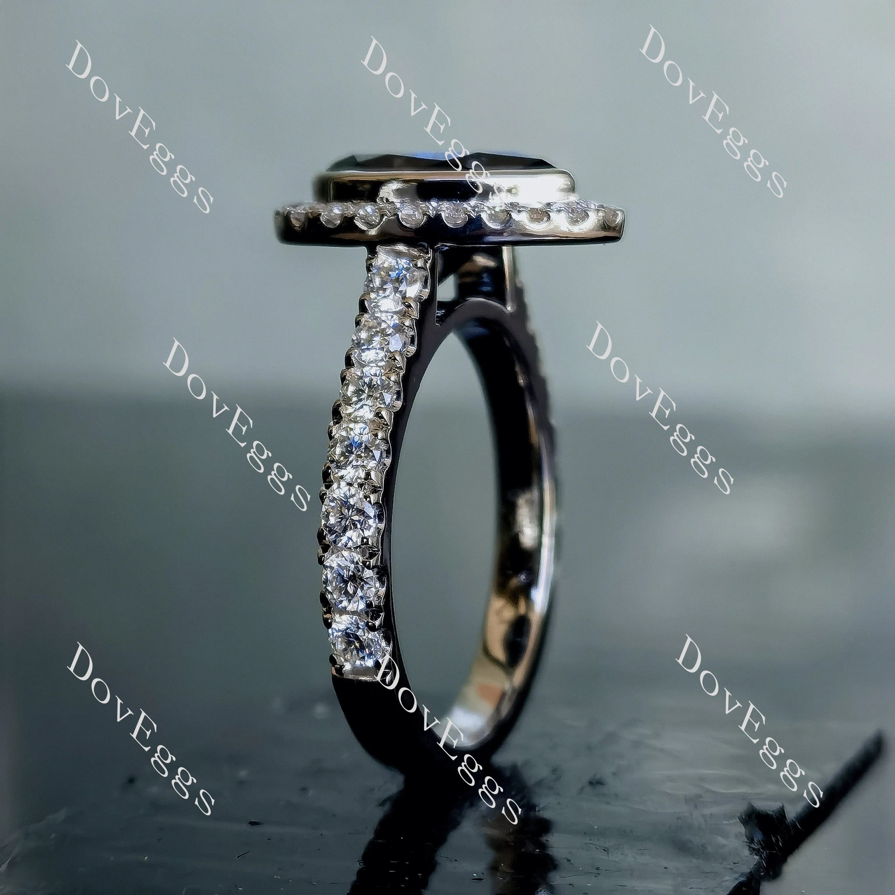 DovEggs pear halo bezel pave twilight blue moissanite engagement ring