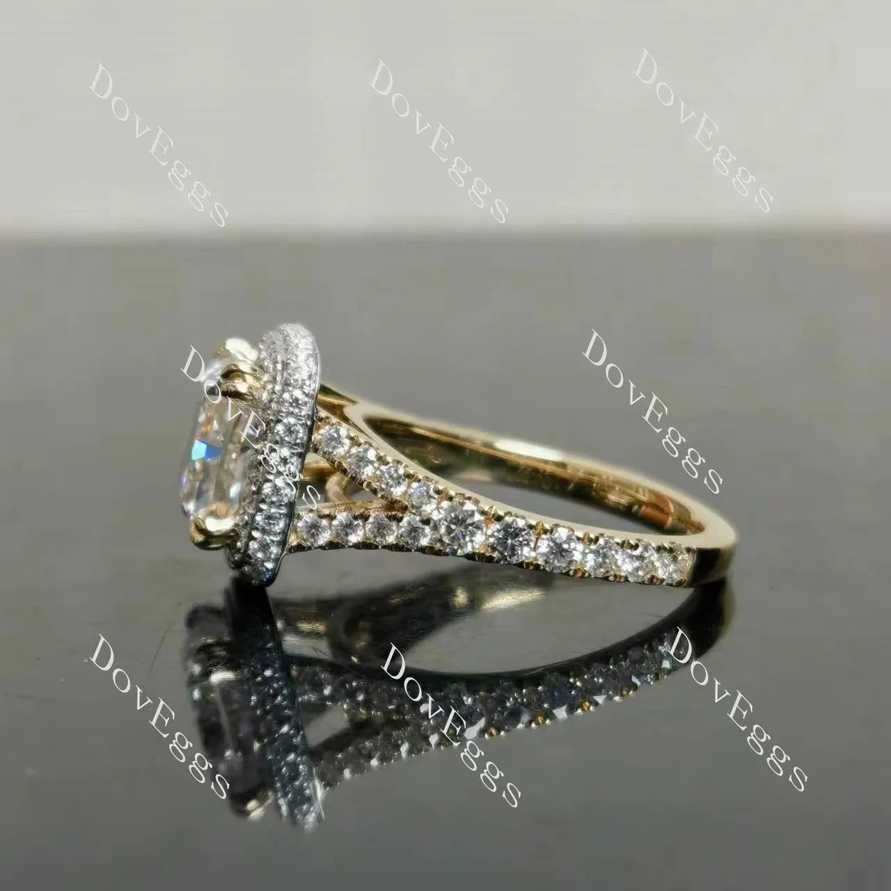 Doveggs Radiant Halo Split Shanks Lab Grown Diamond Engagement Ring