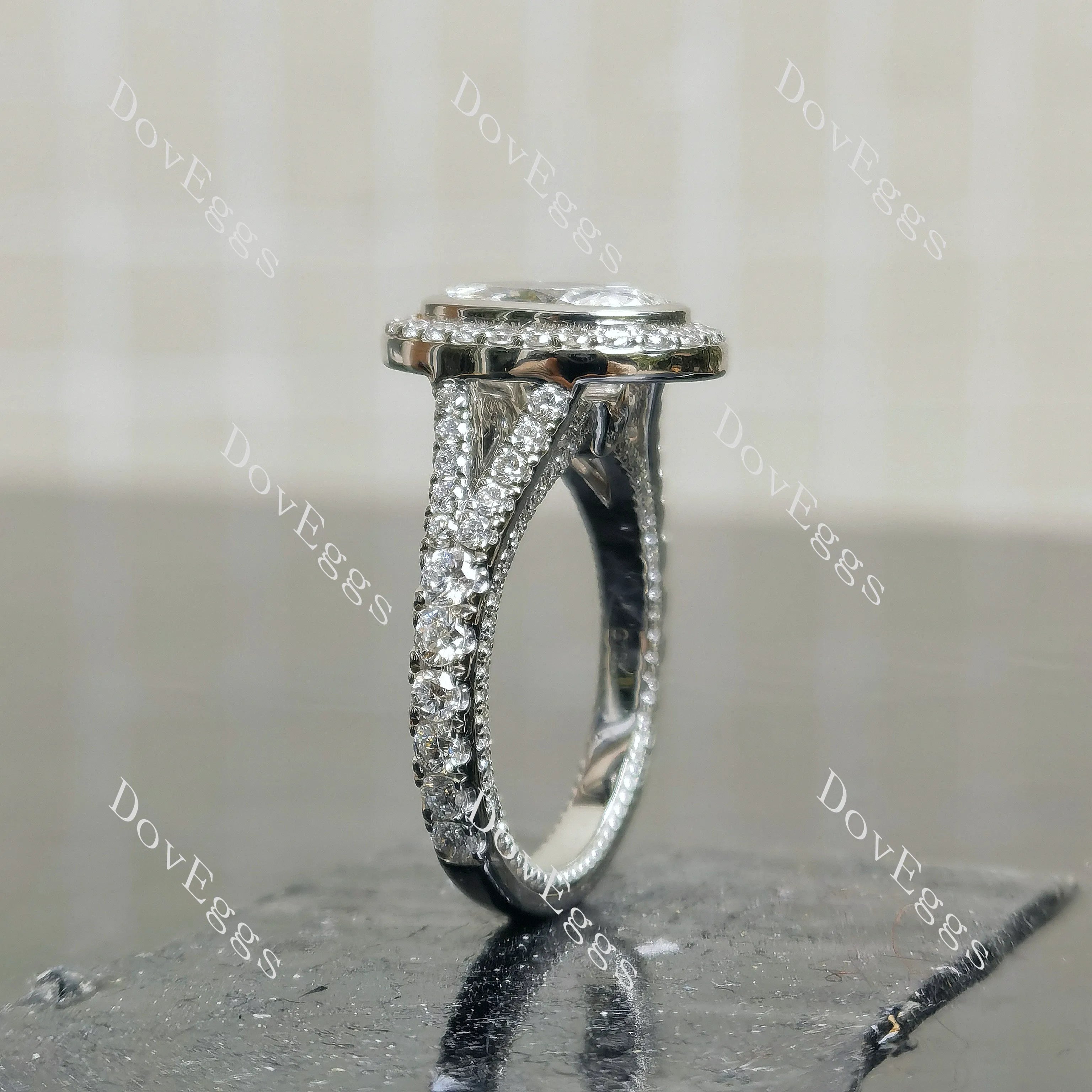 Doveggs Oval Bezel Halo Split Shanks 3/4 Eternity Lab Grown Diamond Engagement Ring