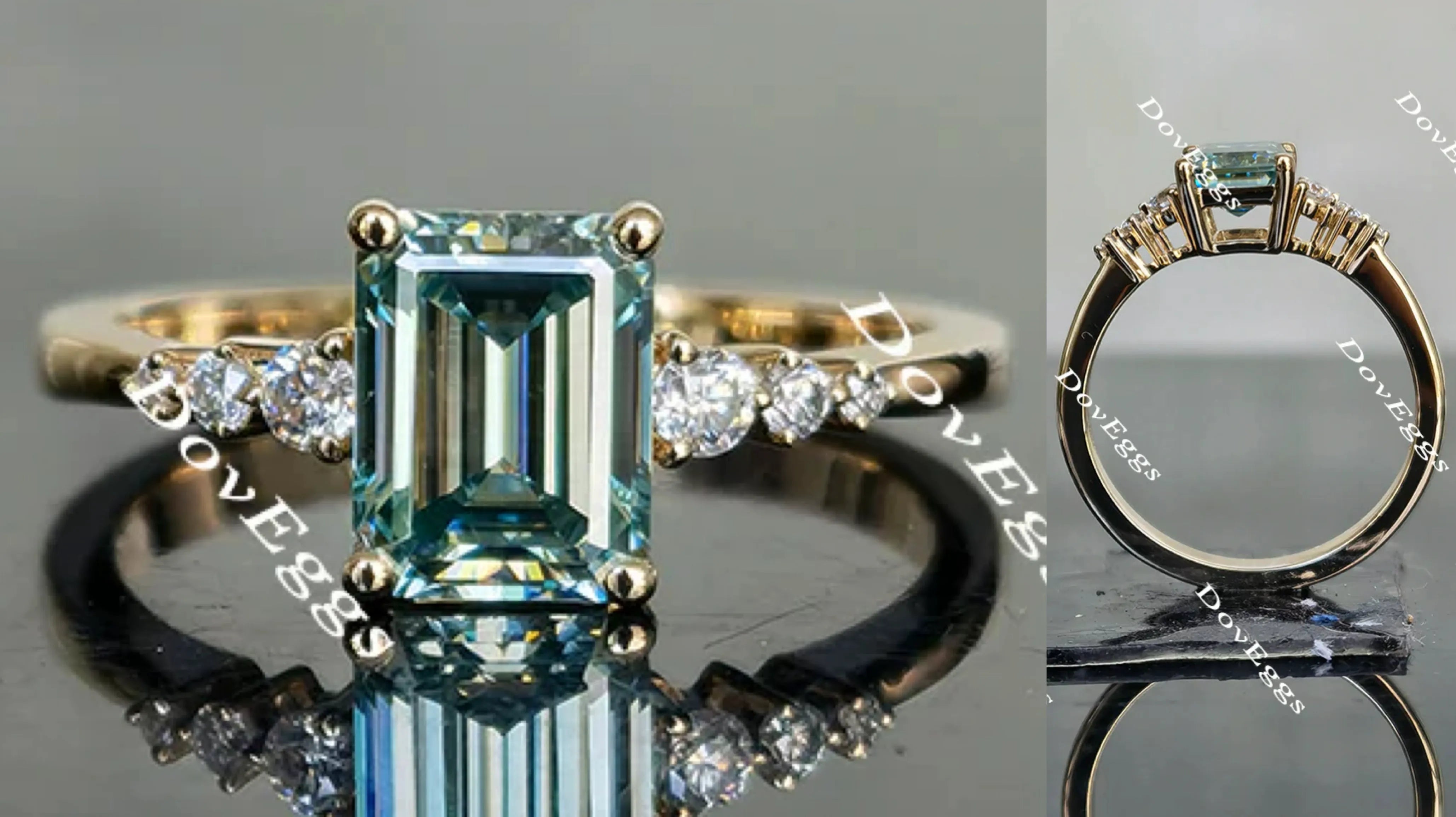 DovEggs peacock blue side stones emerald moissanite engagement ring