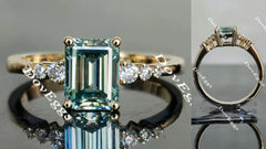DovEggs peacock blue side stones emerald moissanite engagement ring