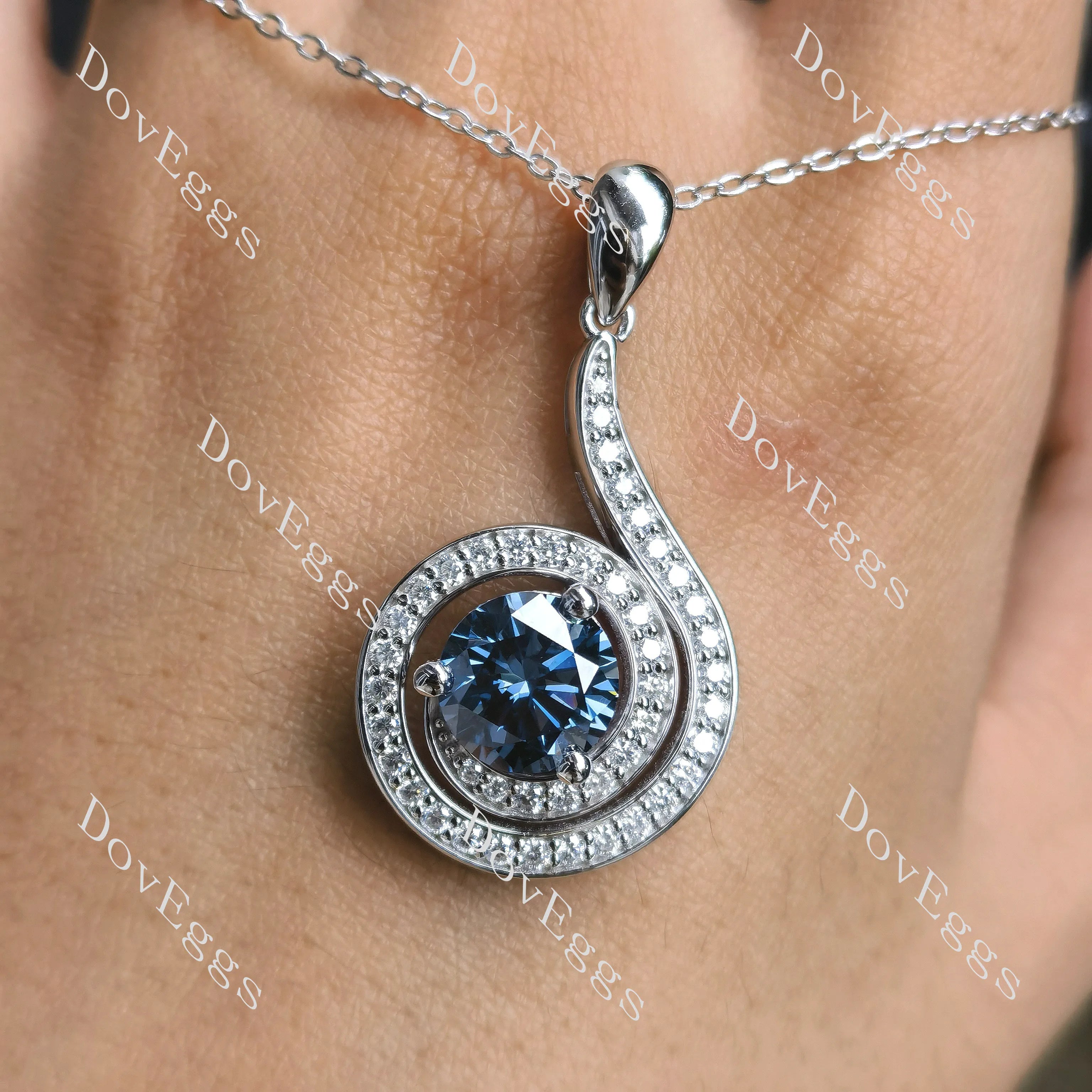 Round loopback art deco pave halo twilight blue moissnaite pendant necklace (pendant only)| Doveggs
