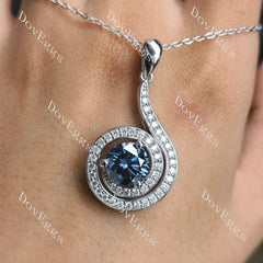 Round loopback art deco pave halo twilight blue moissnaite pendant necklace (pendant only)| Doveggs