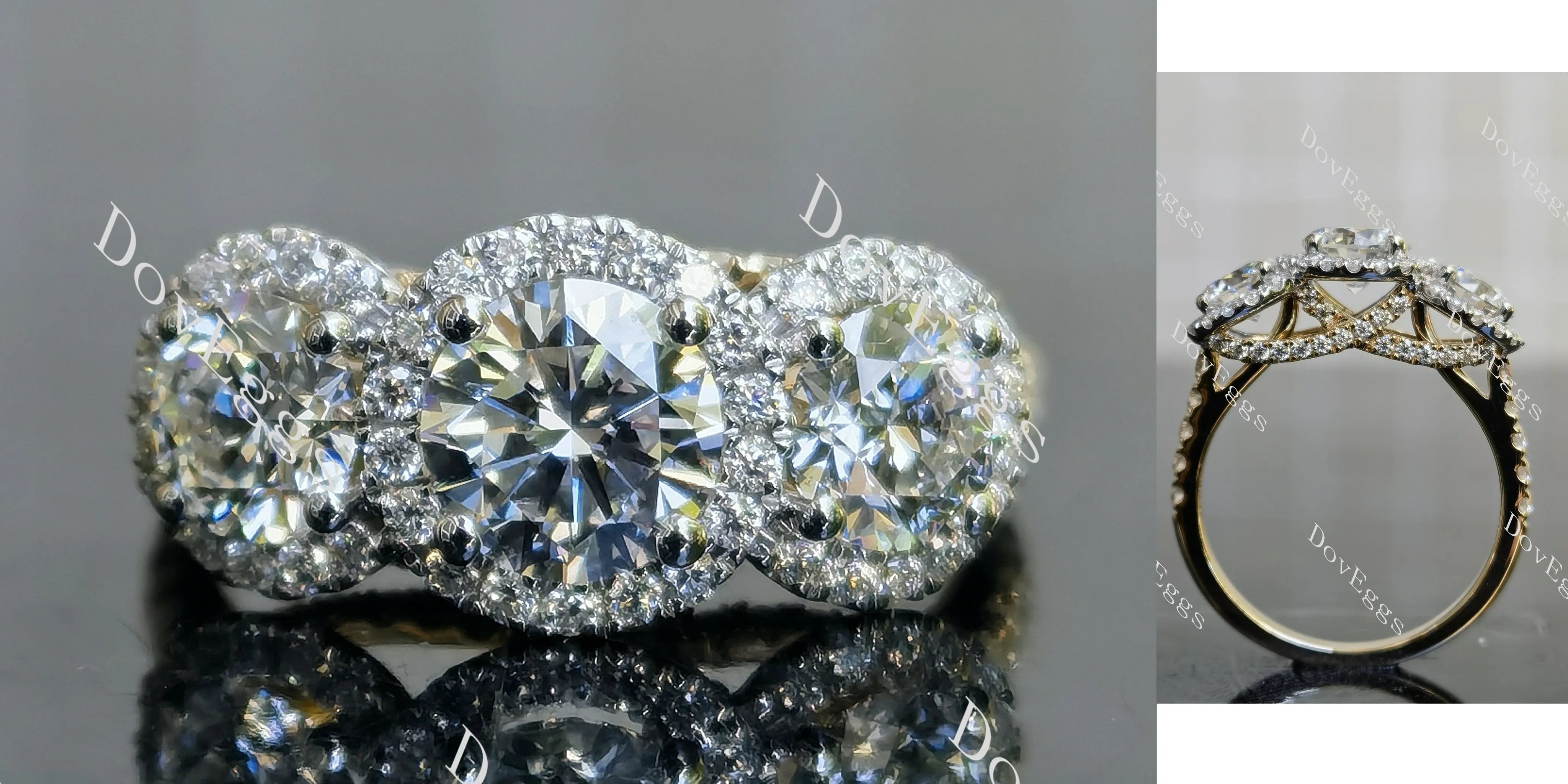 Doveggs Round Three-stone Halo Lab Grown Diamond Engagement Ring