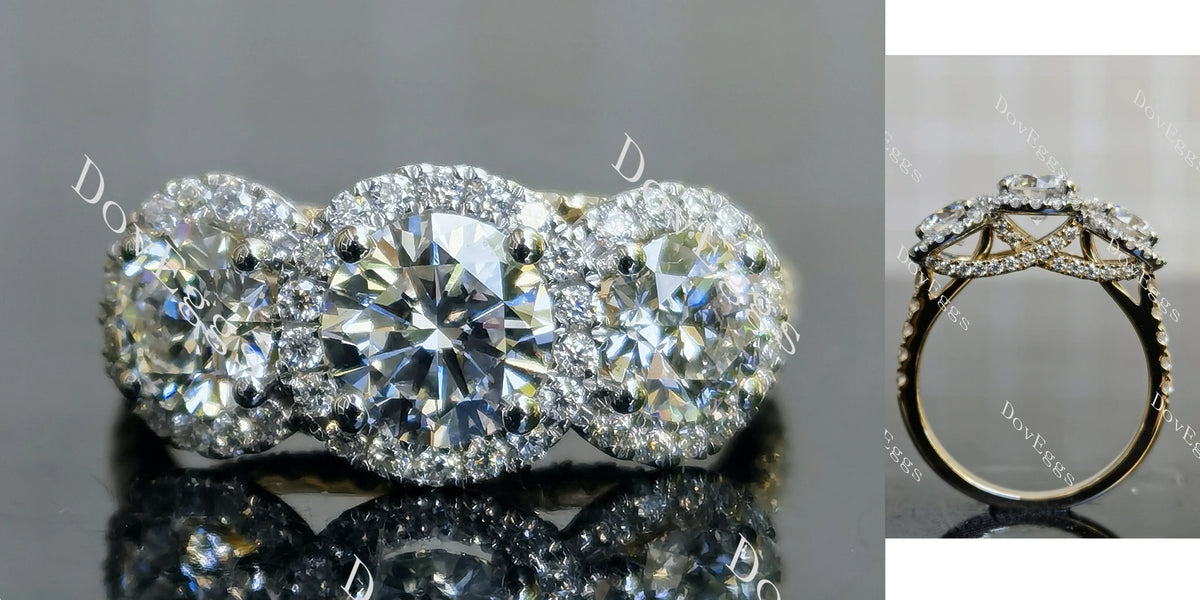 Doveggs Round Three-stone Halo Lab Grown Diamond Engagement Ring