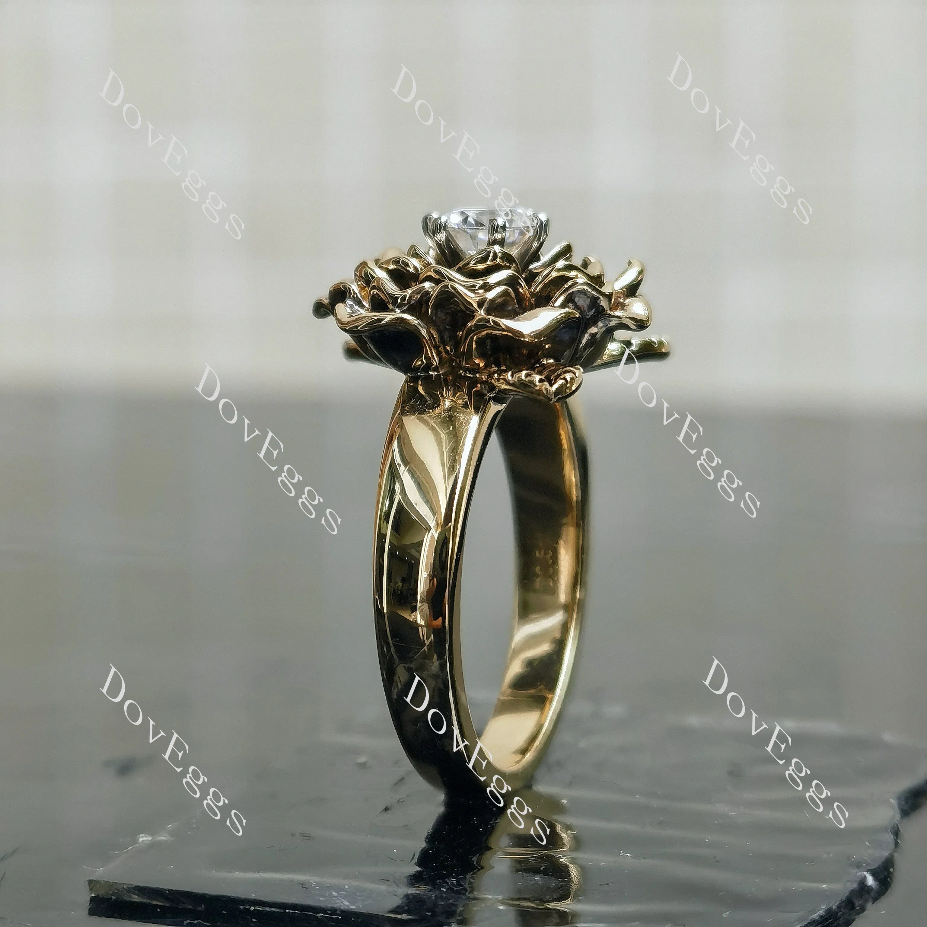 Maggie round floral pave solitaire moissanite engagement ring