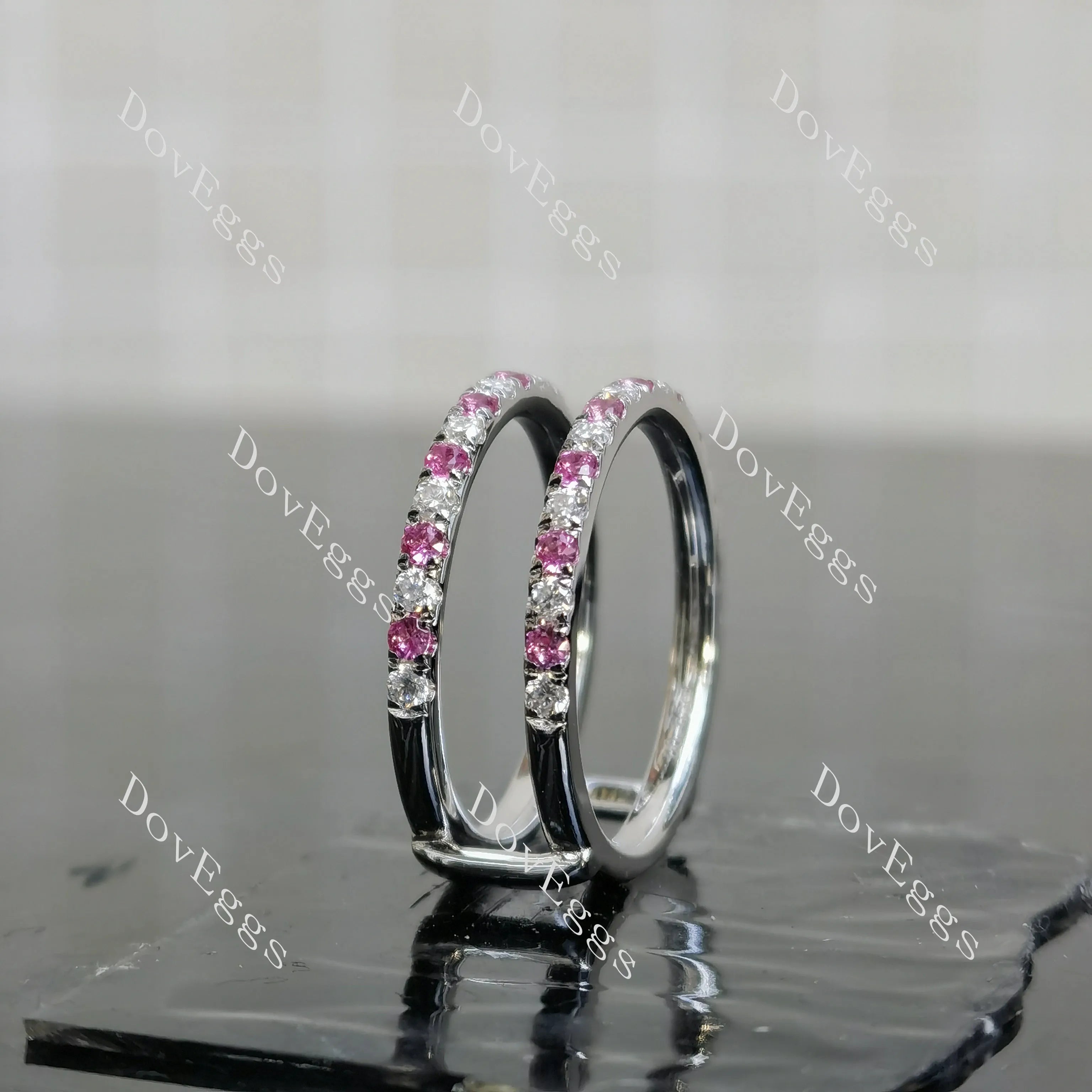 Doveggs round half eternity pave moissanite/lab grown diamond & colored gem wedding band-7.2mm band width