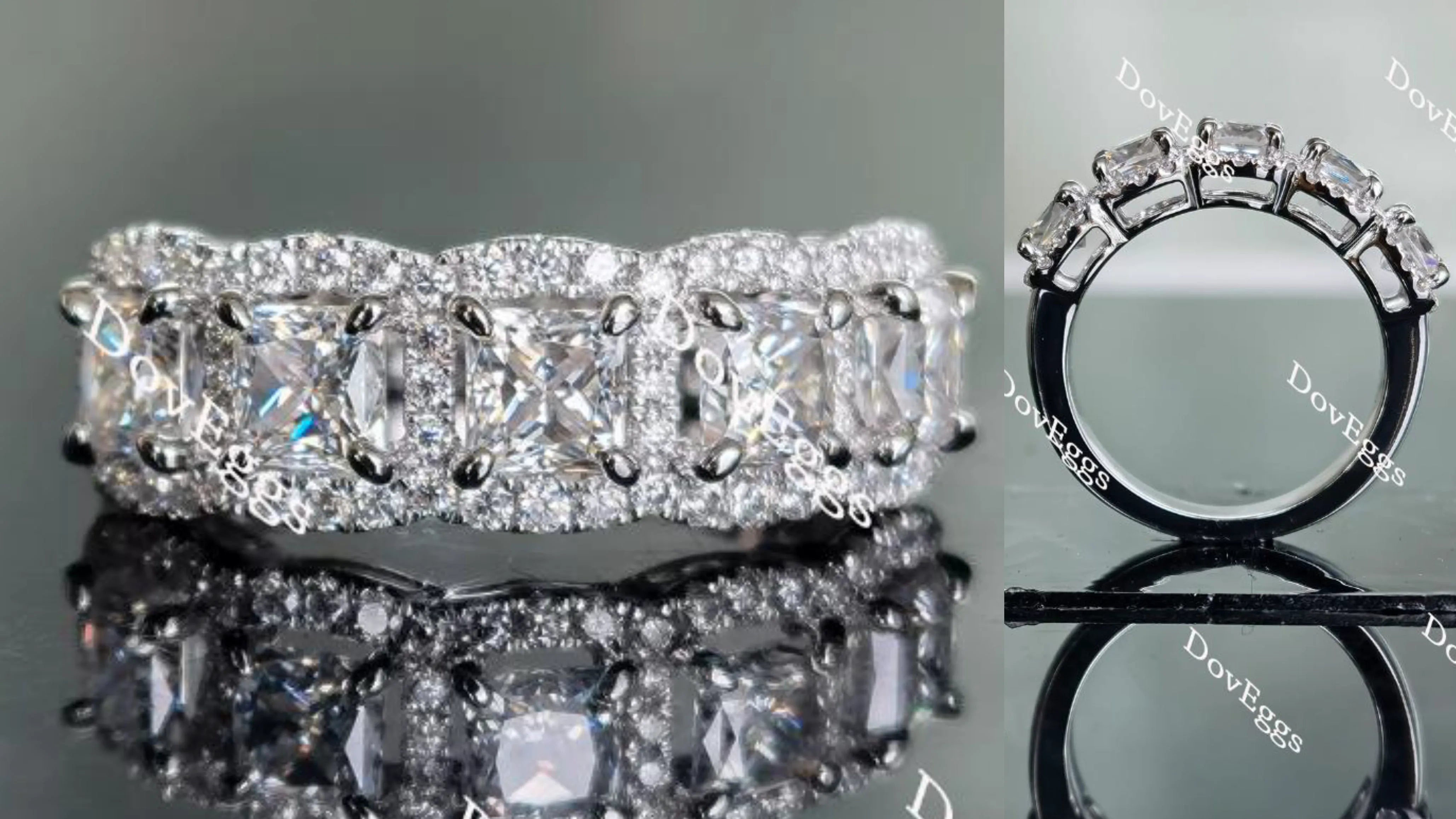 Doveggs princess five stone halo moissanite/lab grown diamond wedding bands-3mm band width
