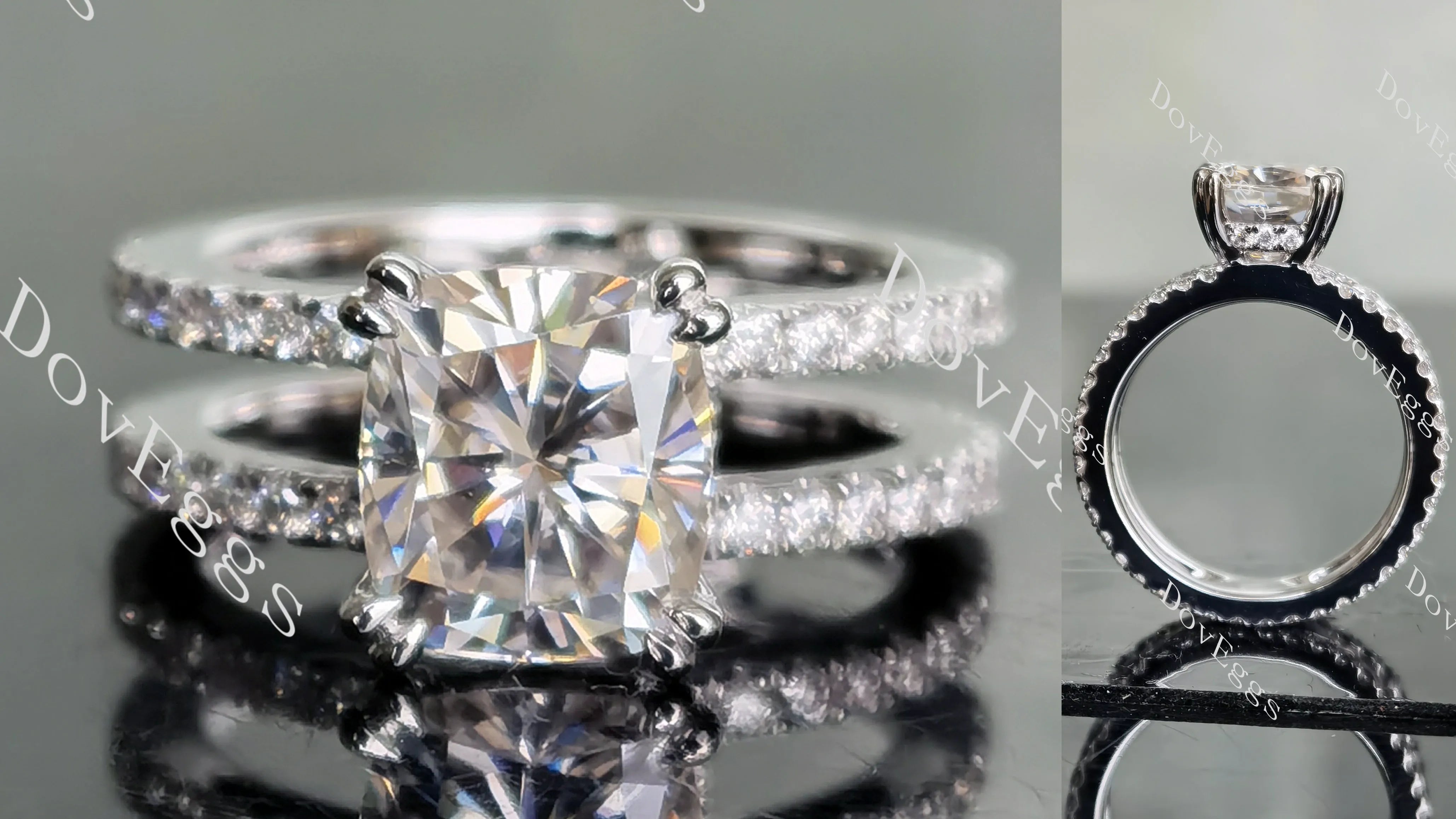 DovEggs cushion full eternity two pave moissanite engagement ring