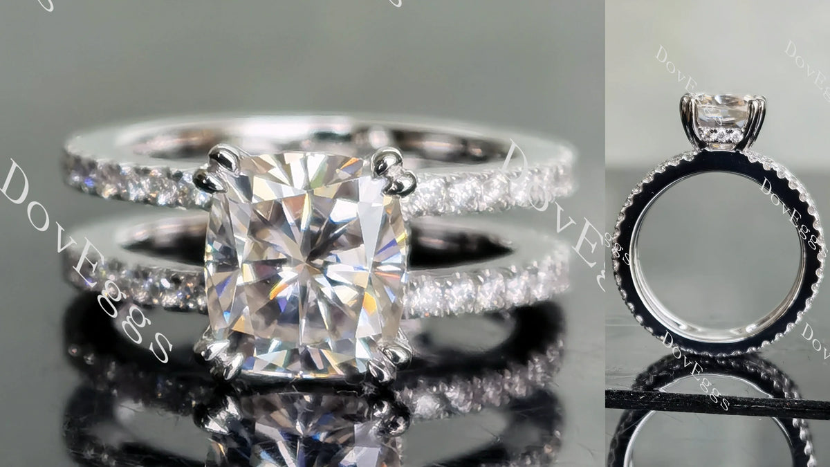 DovEggs cushion full eternity two pave moissanite engagement ring