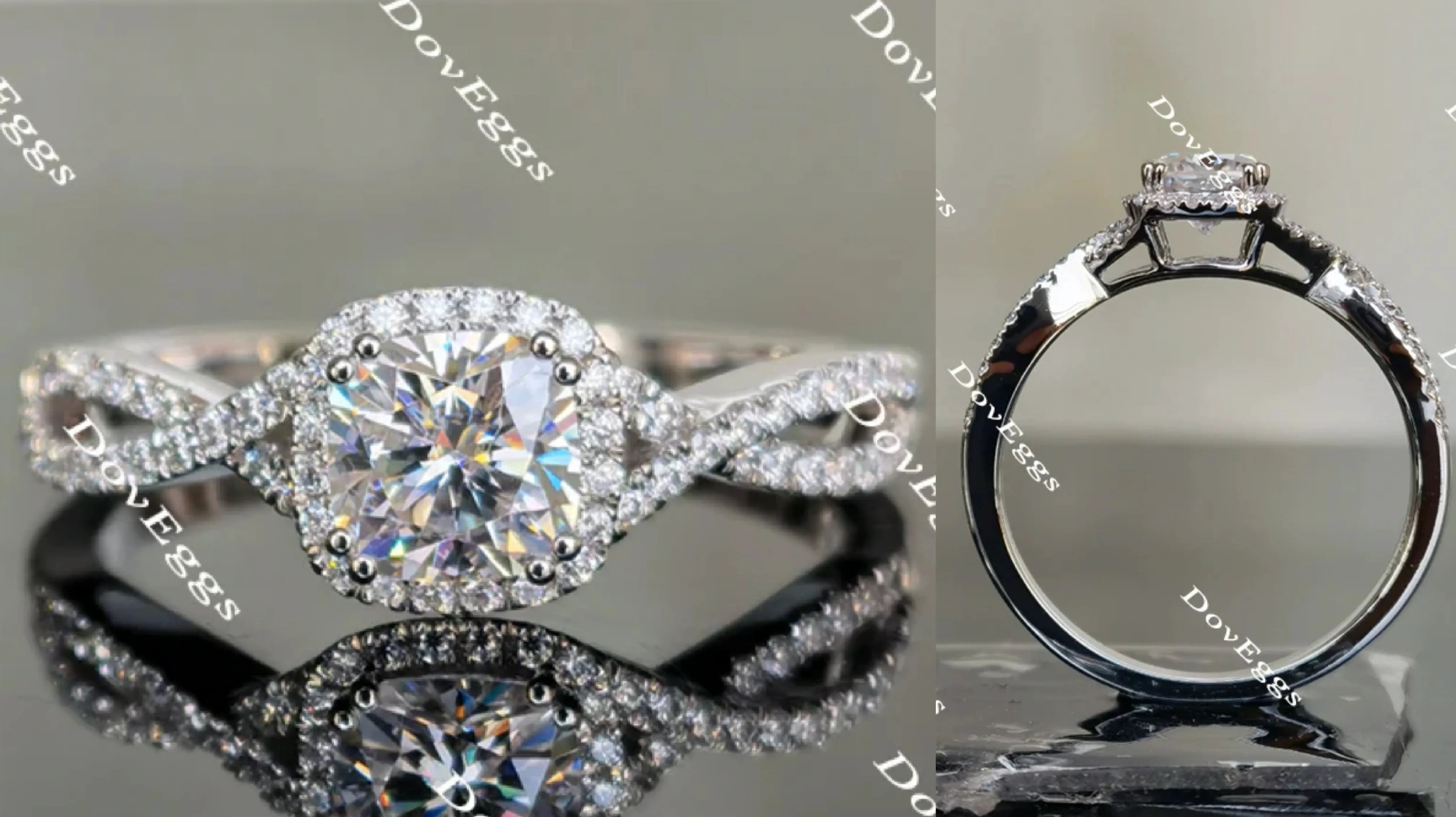 Doveggs cushion cris cross band halo moissanite engagement ring