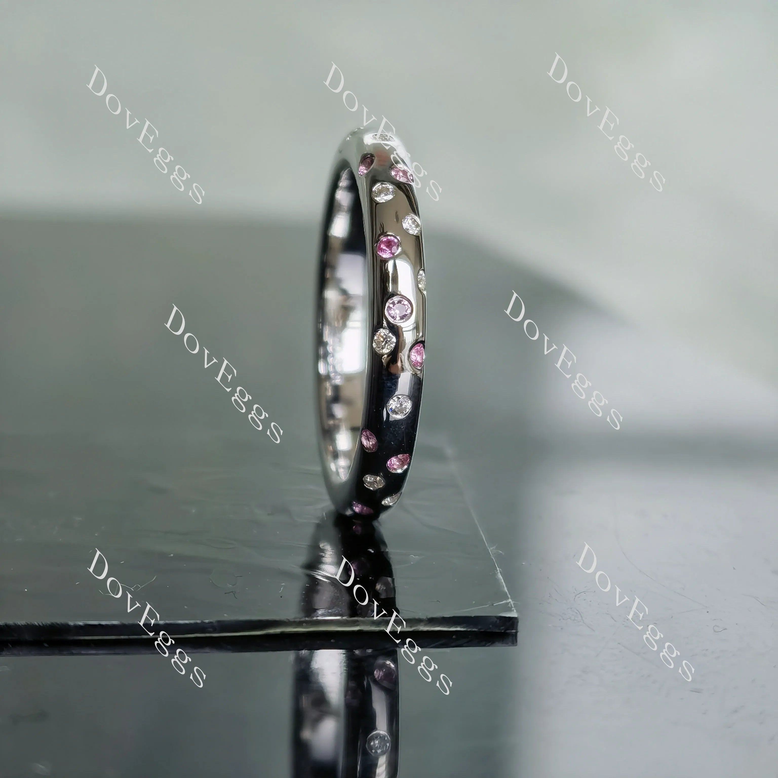 Doveggs round moissanite/lab grown diamond & colored gem wedding band-3.0mm band width