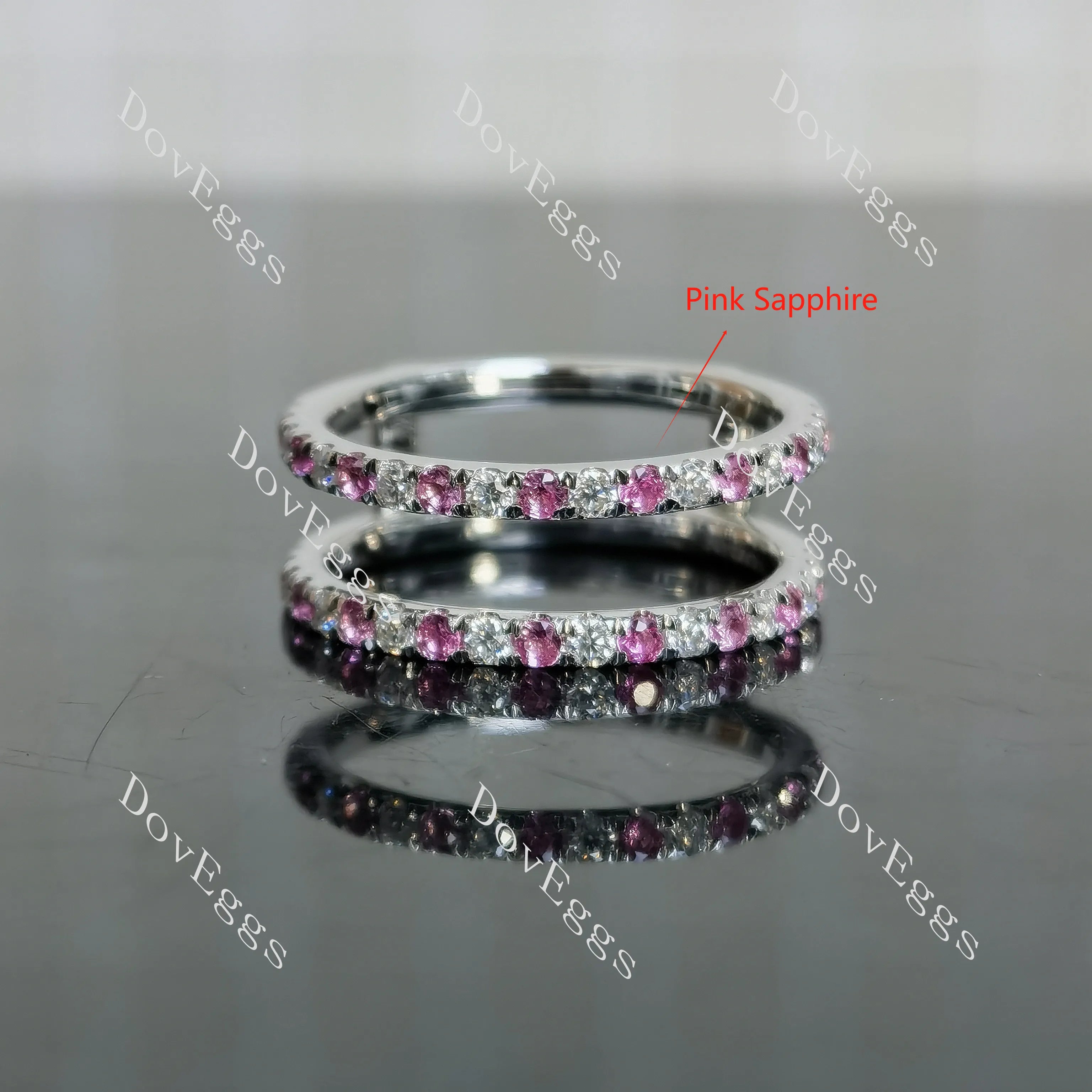 Doveggs round half eternity pave moissanite/lab grown diamond & colored gem wedding band-7.2mm band width