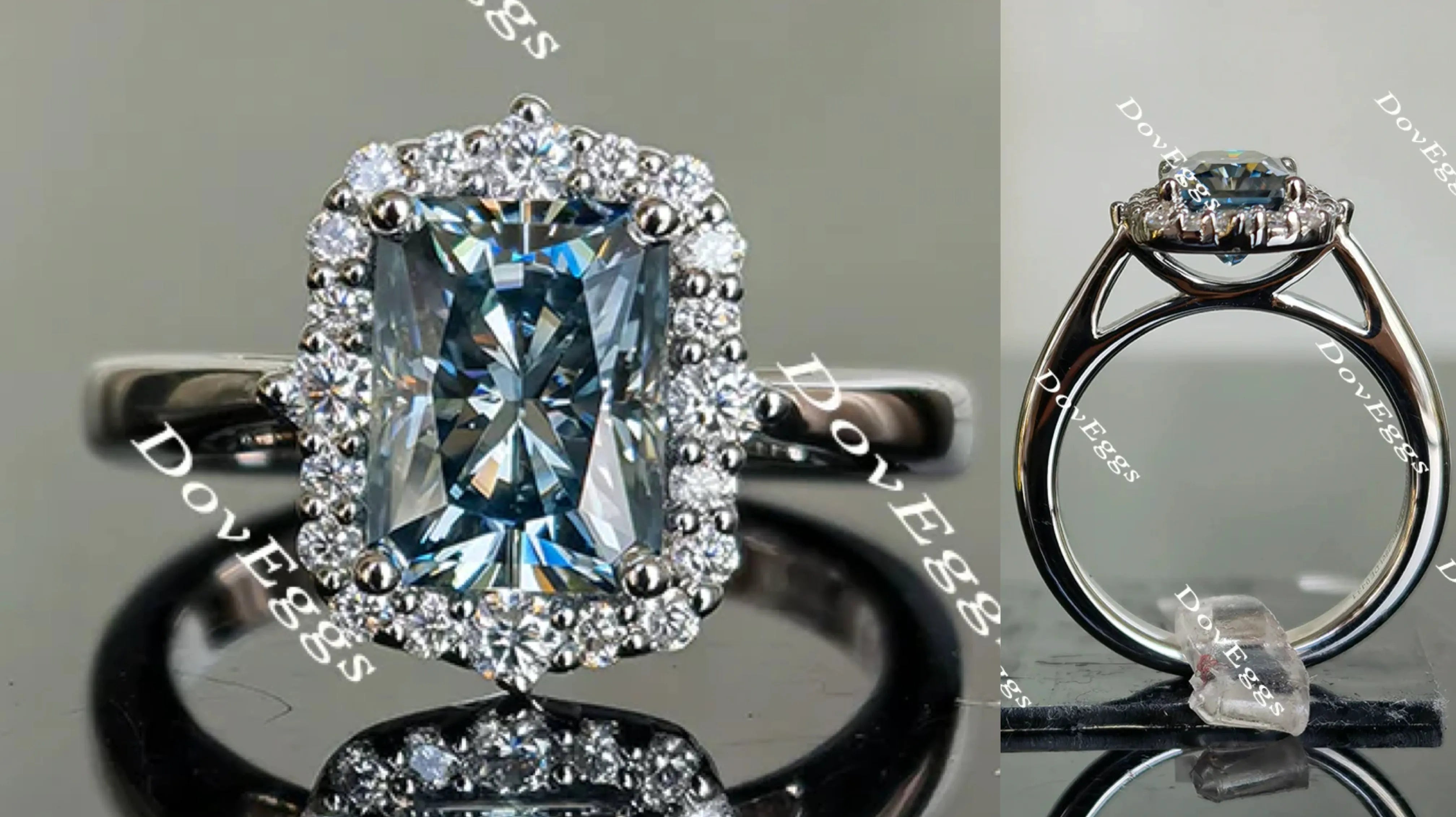 Doveggs Smokey Sparks Grey radiant halo moissanite engagement ring