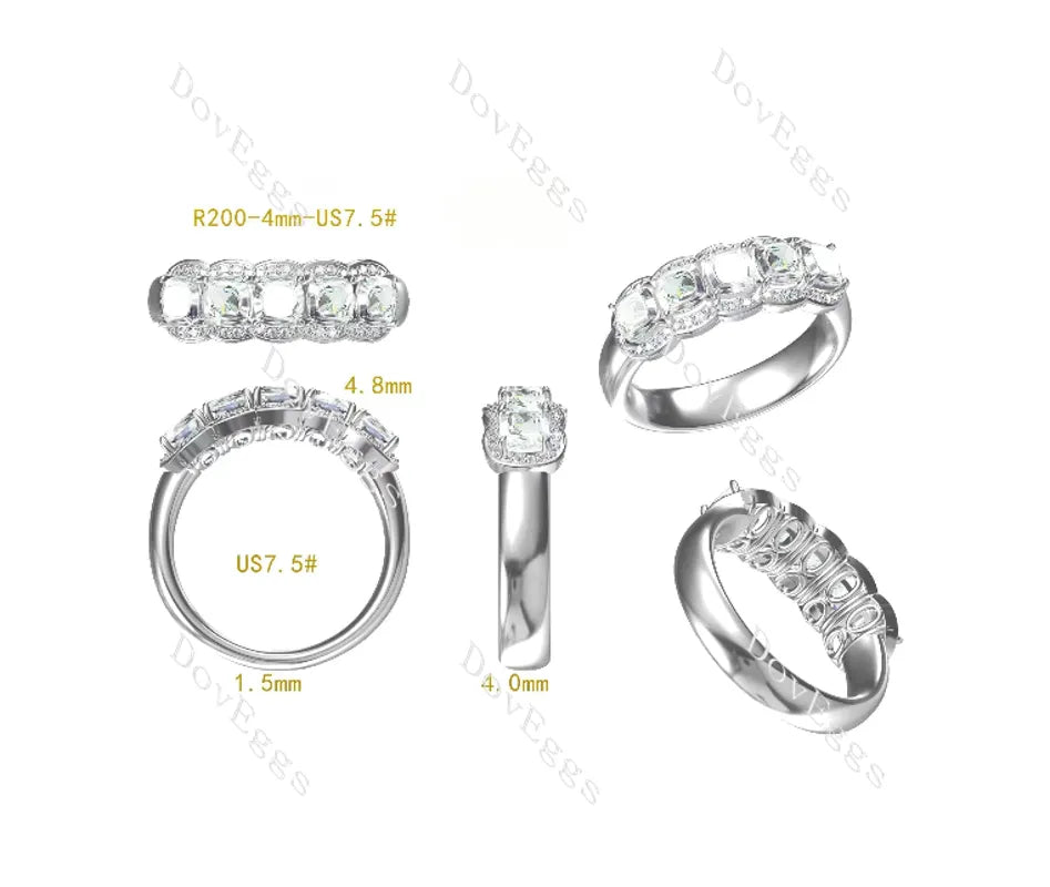 Doveggs five stones cushion/princess moissanite/Lab grown diamond wedding band-4.0mm band width