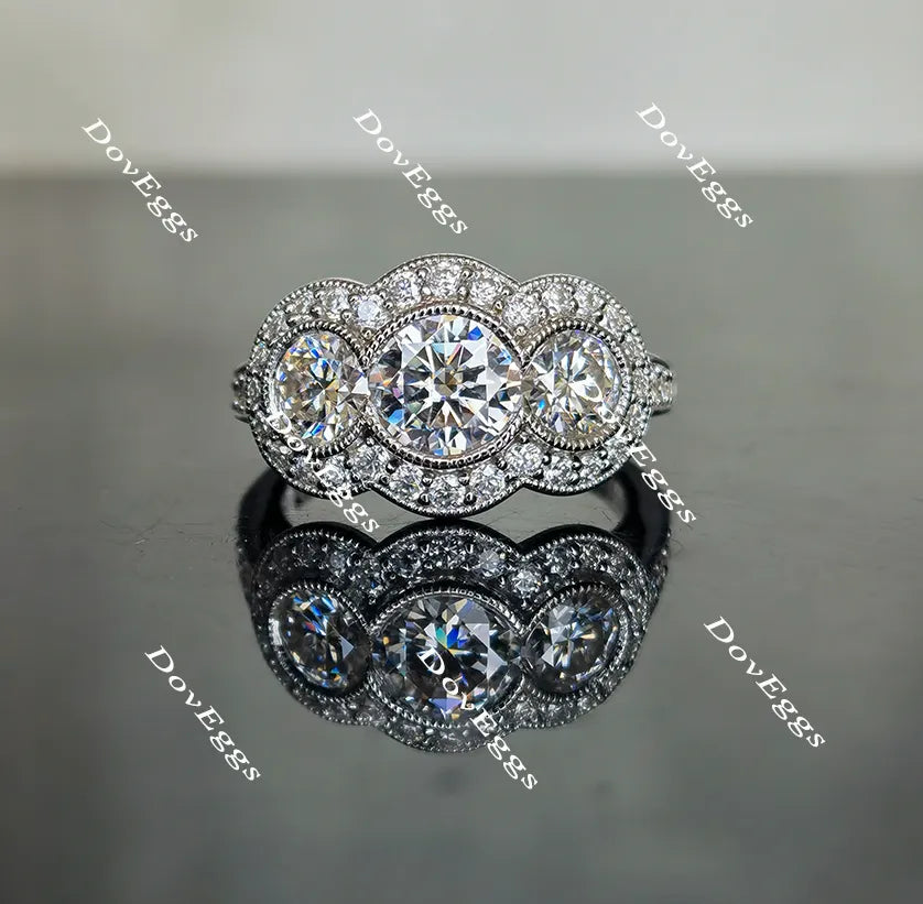 Doveggs three-stone halo pave moissanite engagement ring