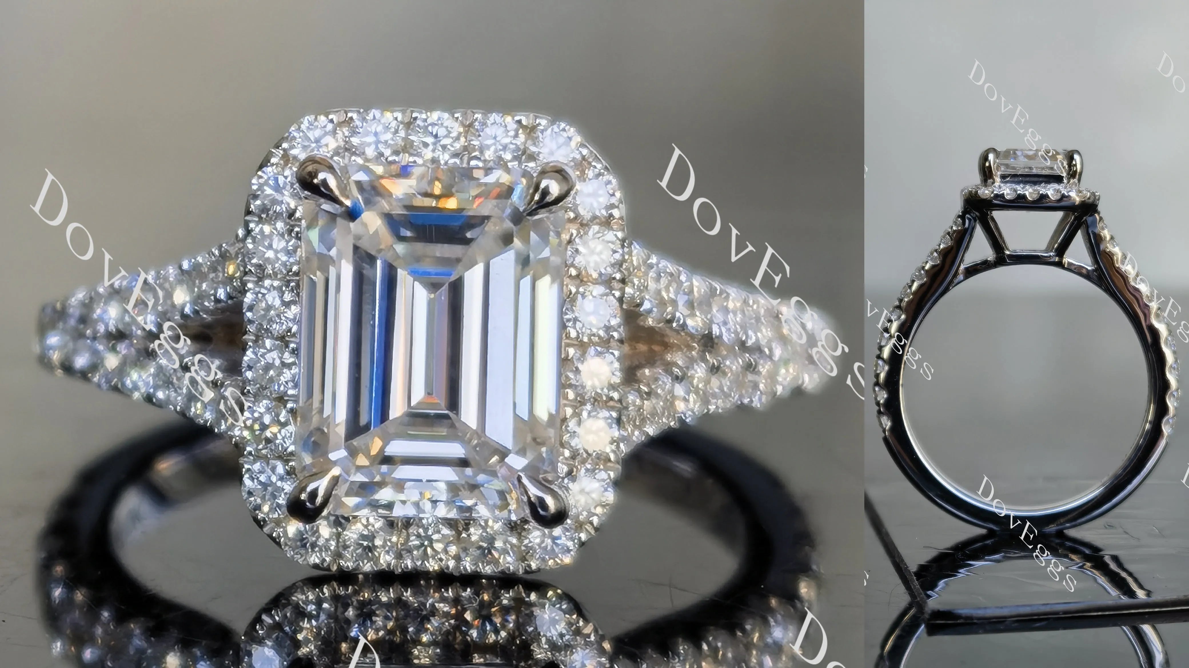 DovEggs emerald split shank pave halo moissanite engagement ring
