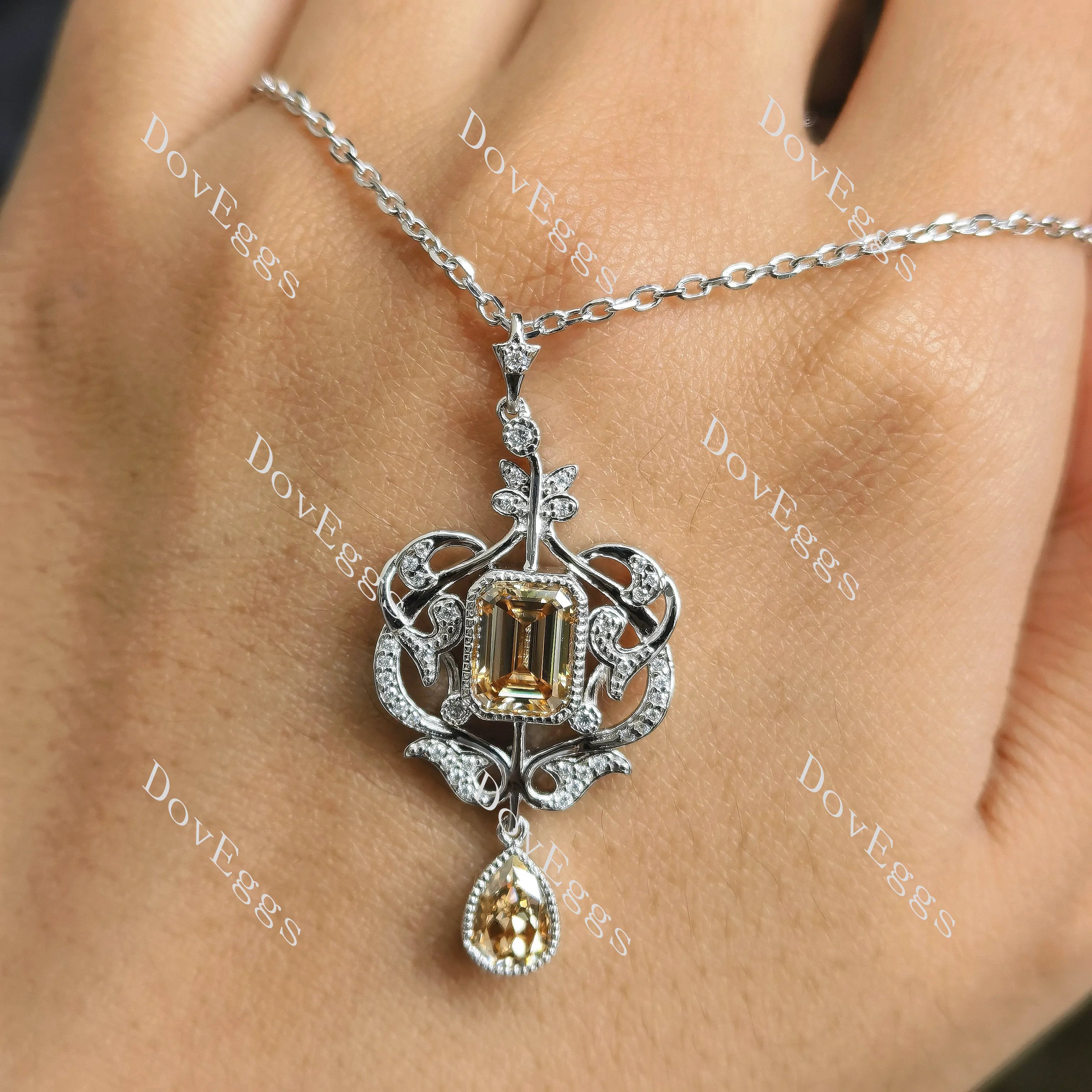 Doveggs sterling silver 2ct emerald & 1ct pear center colored moissanite pendant necklace