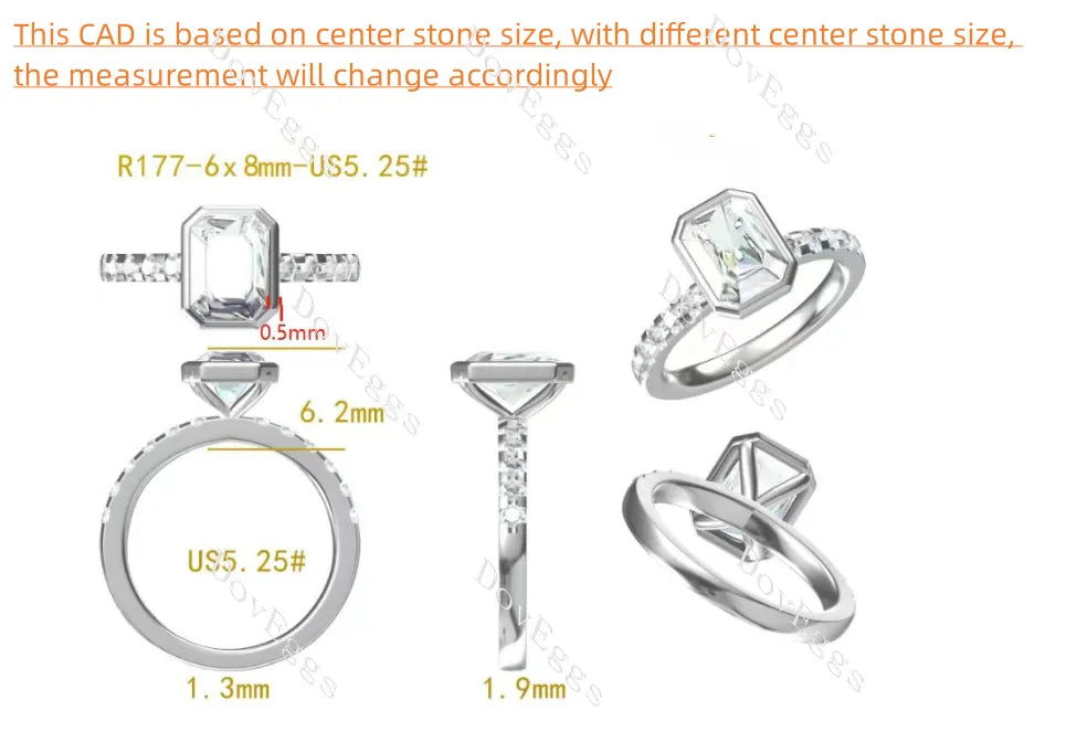 DovEggs emerald bezel half eternity pave moissanite engagement ring