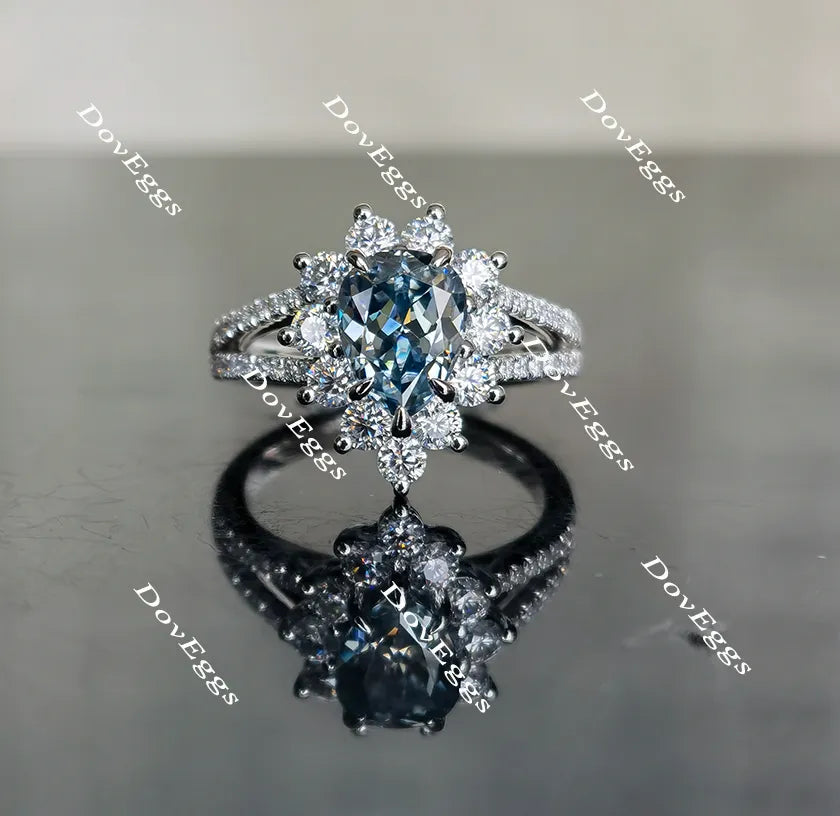 Doveggs smokey sparks grey pear halo moissanite engagement ring