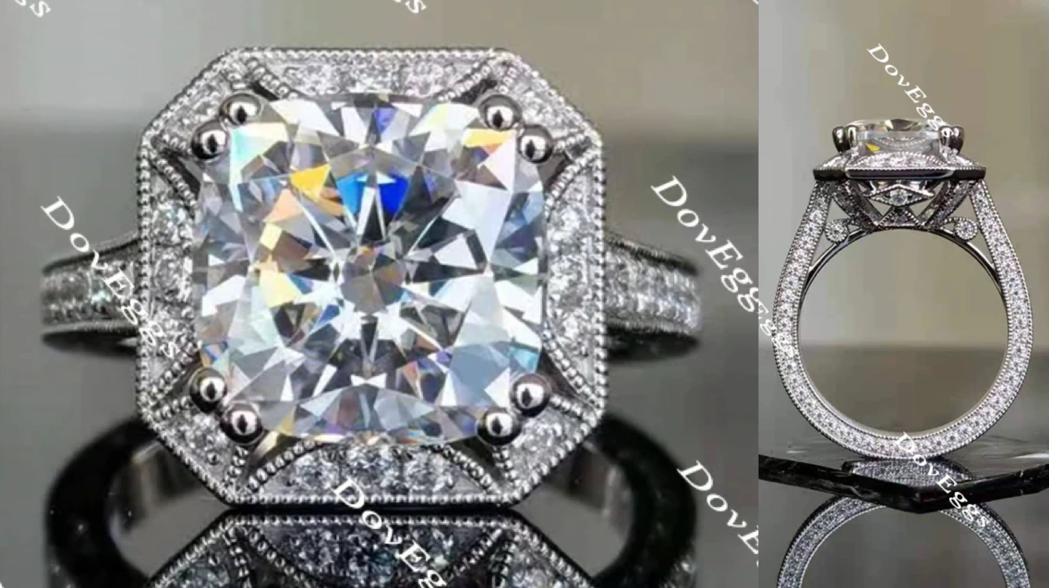 Doveggs cushion eternity pave halo moissanite engagement ring
