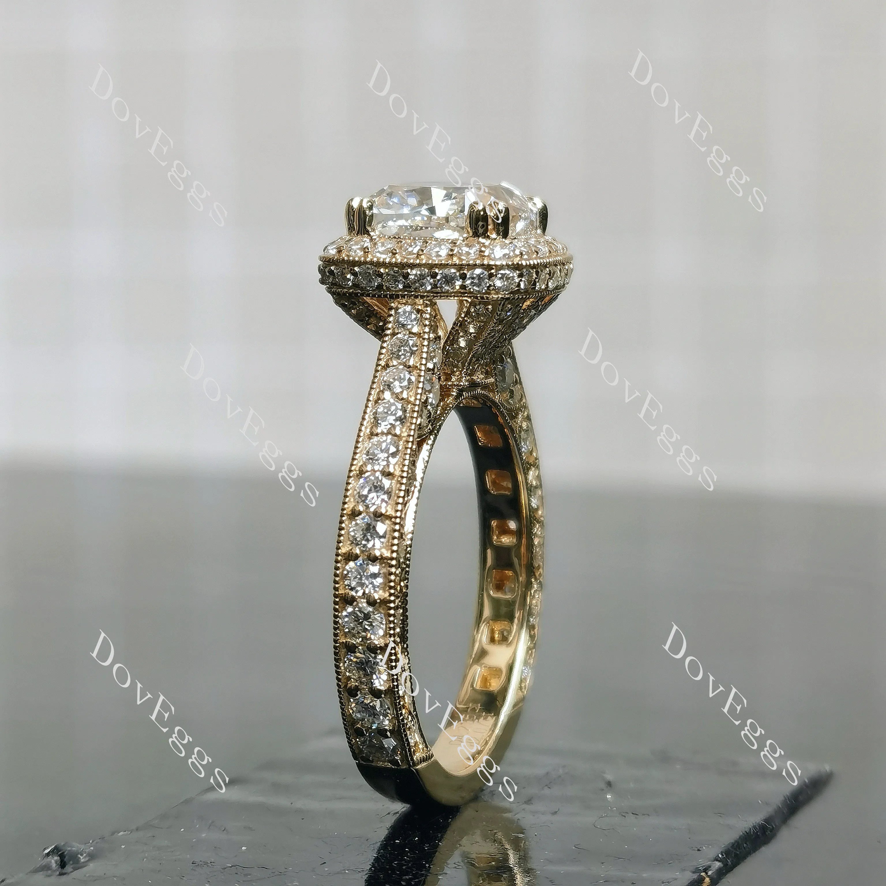 Doveggs Cushion Halo 3/4 Eternity Vintage Lab Grown Diamond Engagement Ring