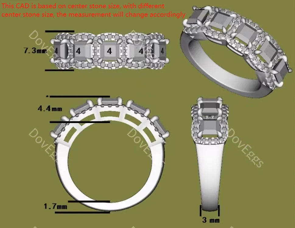 Doveggs princess five stone halo moissanite/lab grown diamond wedding bands-3mm band width