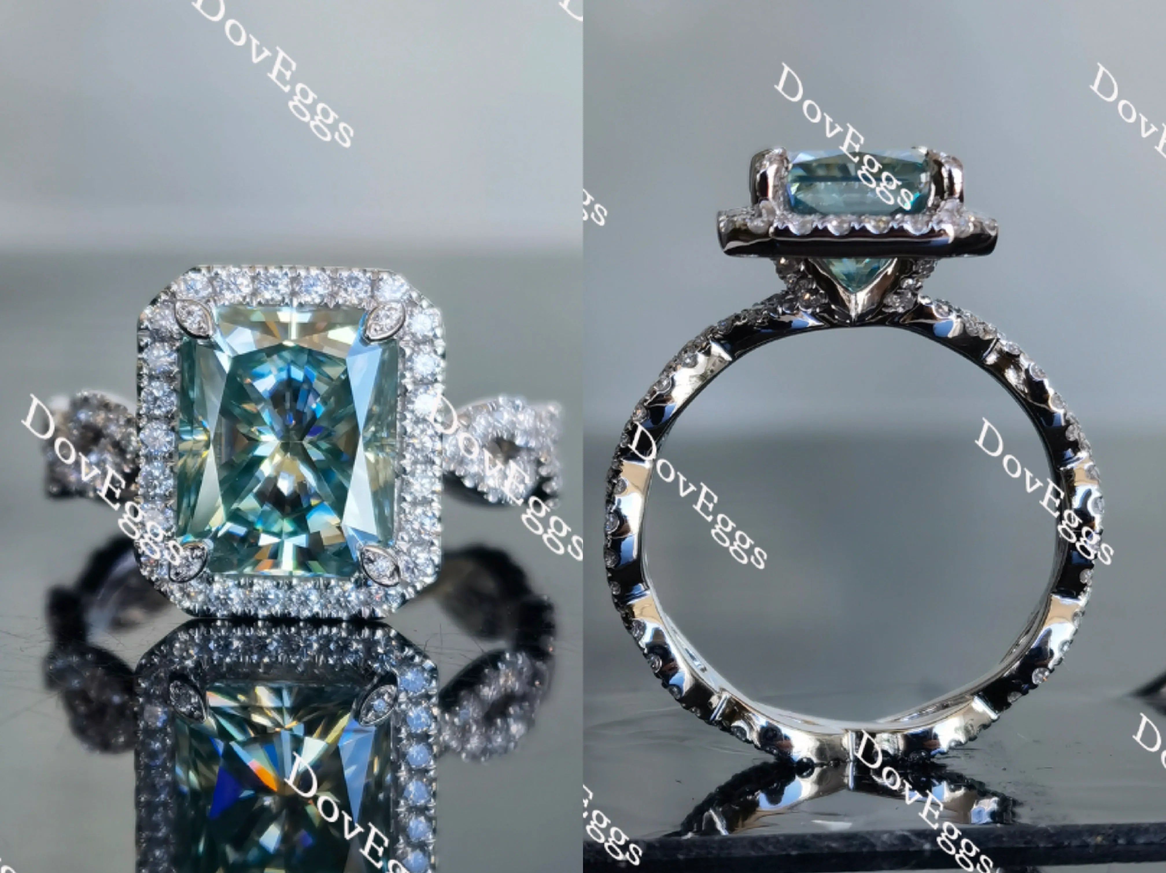 Doveggs peacock blue radiant full eternity pave moissanite engagement ring