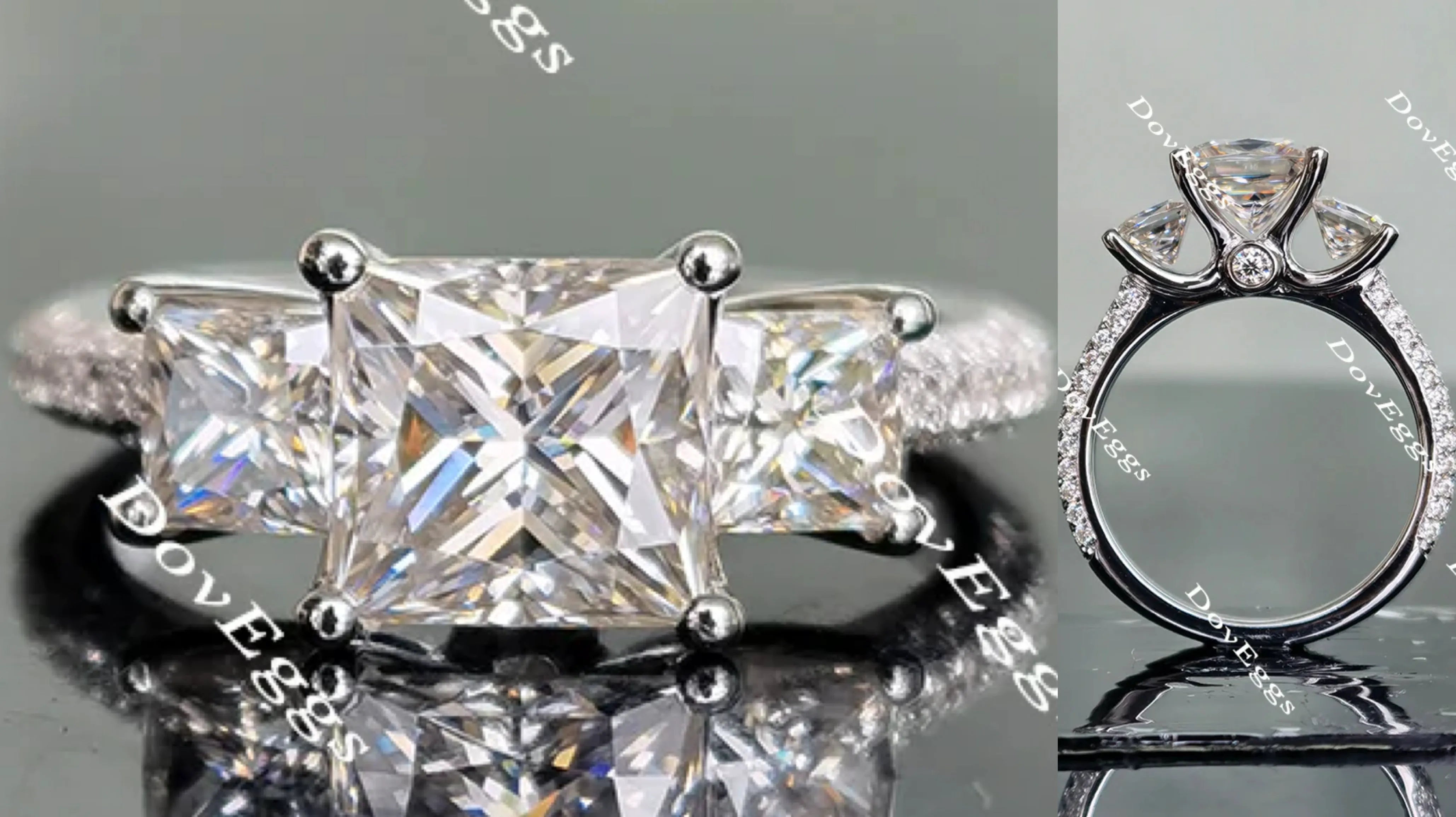 Doveggs pave three-stone moissanite engagement ring