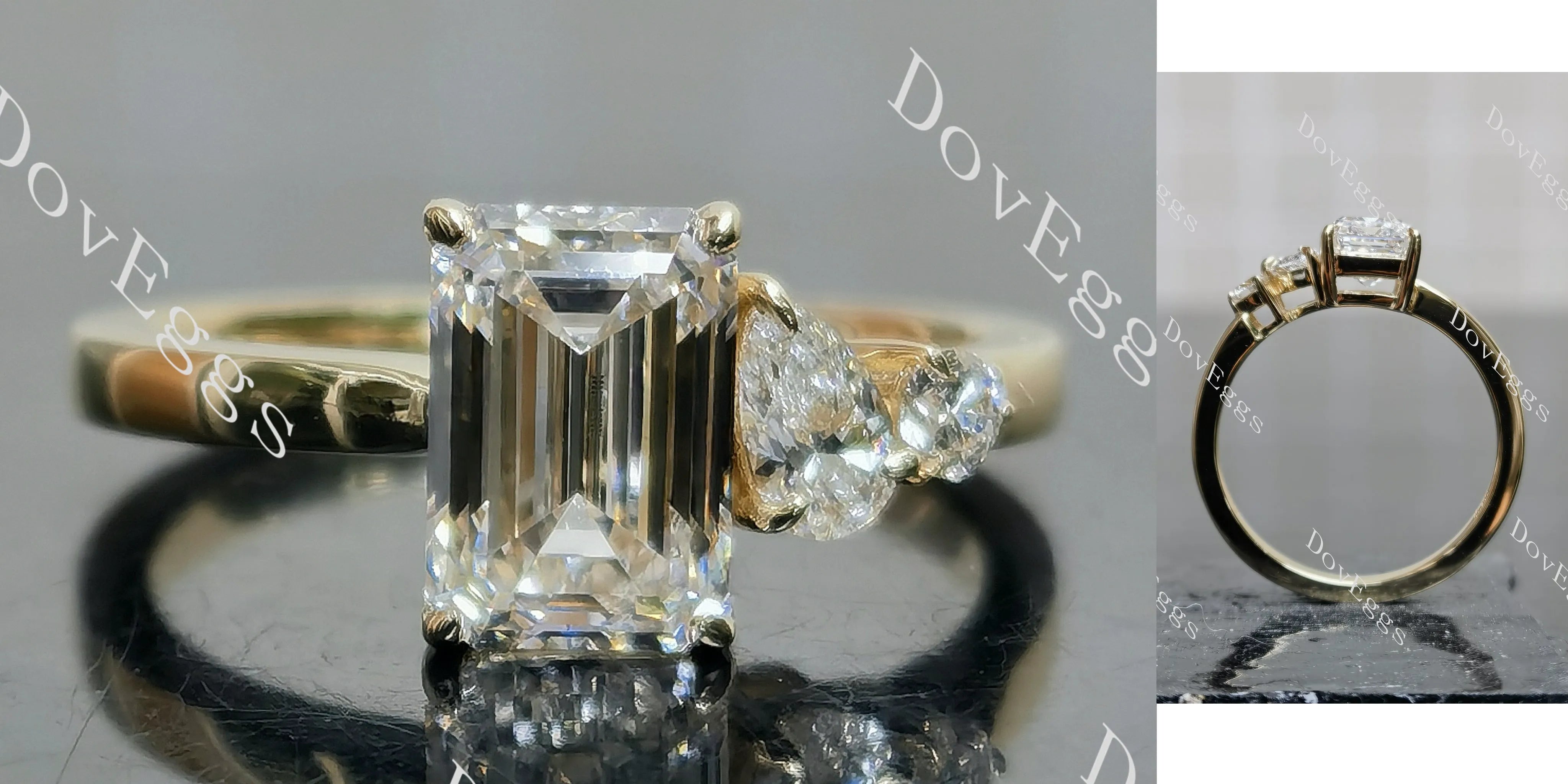 Doveggs Emerald Pave Three Stones Lab Grown Diamond Engagement Ring