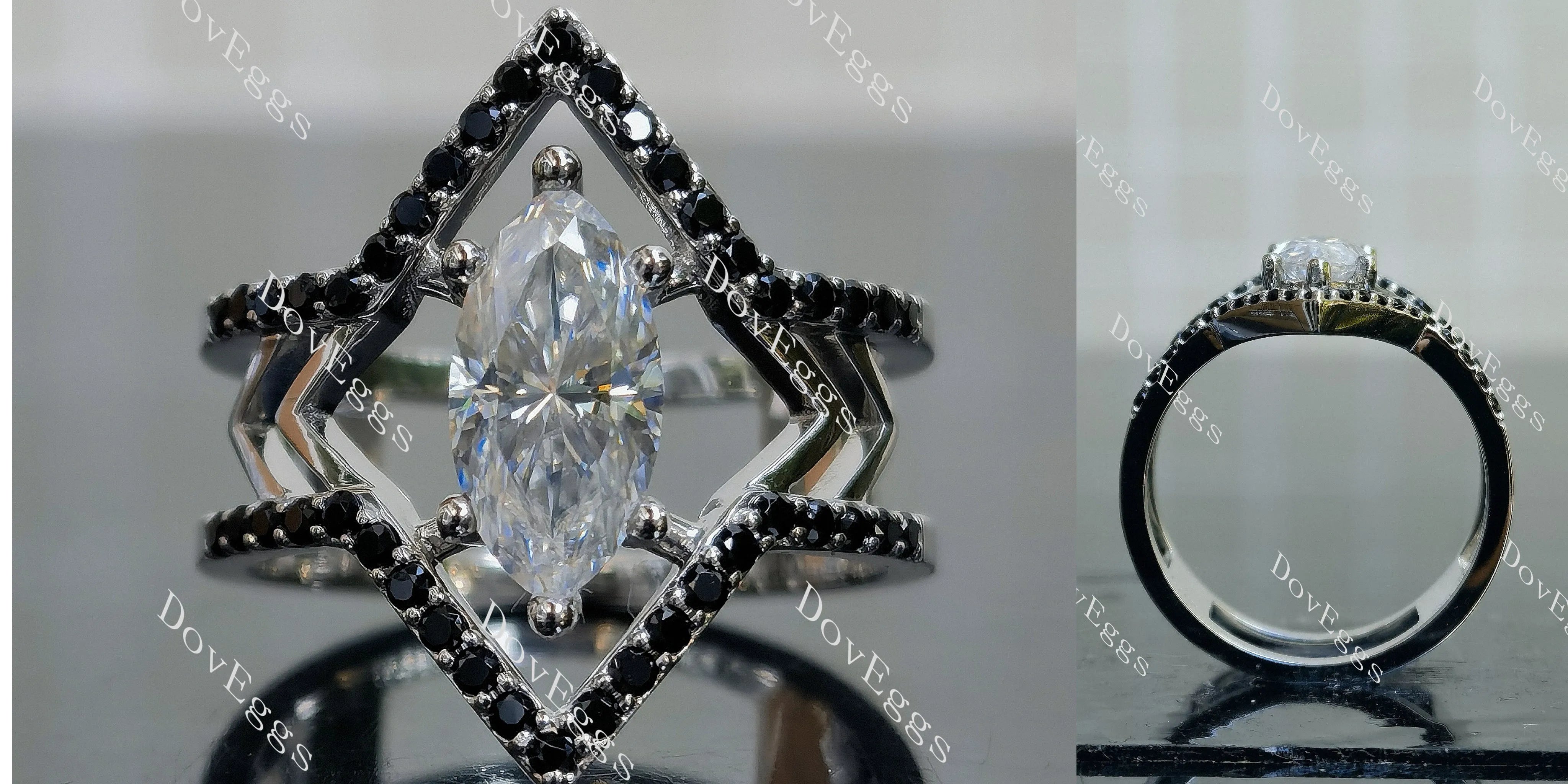 Doveggs Marquise Modified H&A cut split shank Halo pave stones moissanite engagement ring